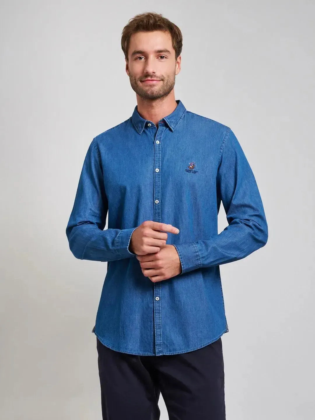 BEVERLY HILLS POLO CLUB-BHPC INDIGO DENIM SHIRT DARK WASH-NORTHERN THREADS DESIGNER MENSWEAR