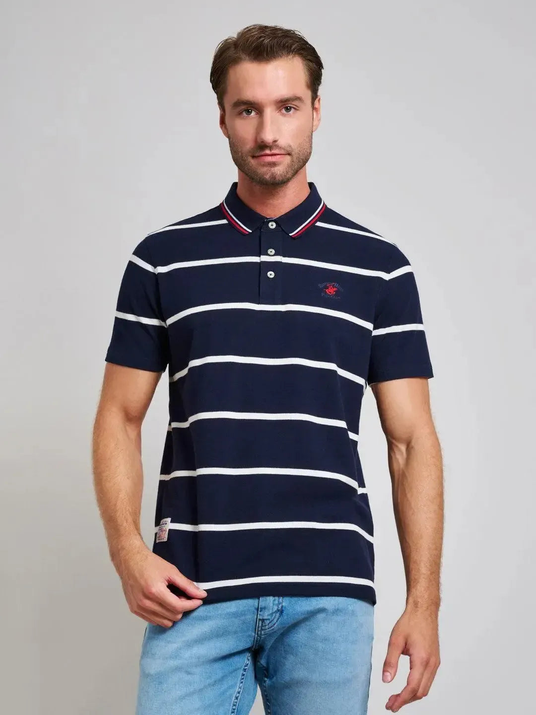 BEVERLY HILLS POLO CLUB-BHPC STRIPED MODERN SLIM FIT POLO SHIRT DARK NAVY-NORTHERN THREADS DESIGNER MENSWEAR