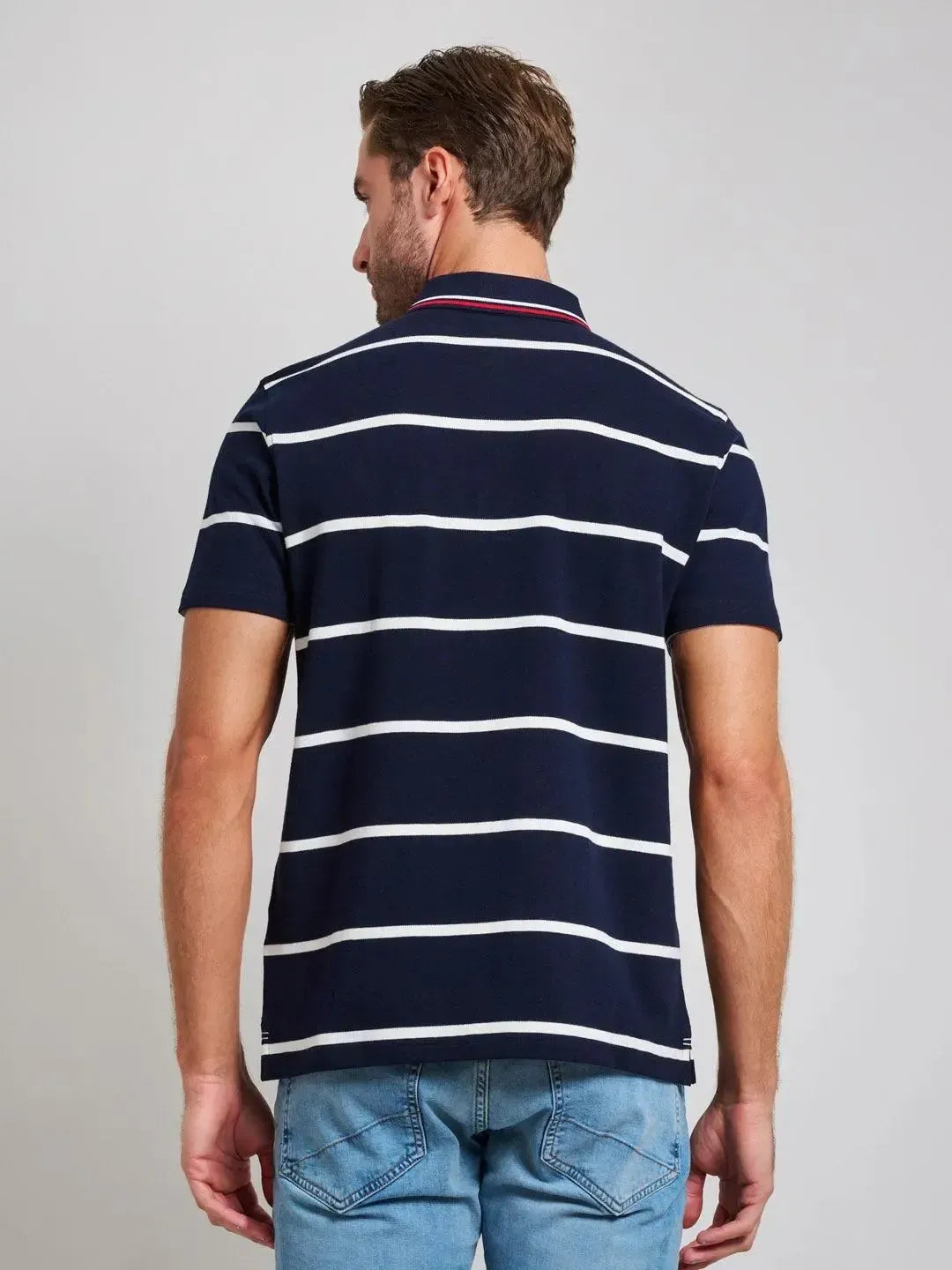BEVERLY HILLS POLO CLUB-BHPC STRIPED MODERN SLIM FIT POLO SHIRT DARK NAVY-NORTHERN THREADS DESIGNER MENSWEAR