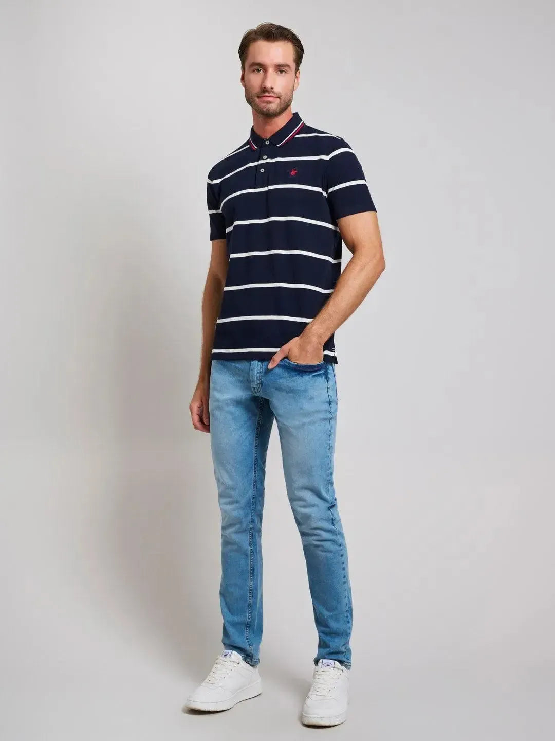 BEVERLY HILLS POLO CLUB-BHPC STRIPED MODERN SLIM FIT POLO SHIRT DARK NAVY-NORTHERN THREADS DESIGNER MENSWEAR