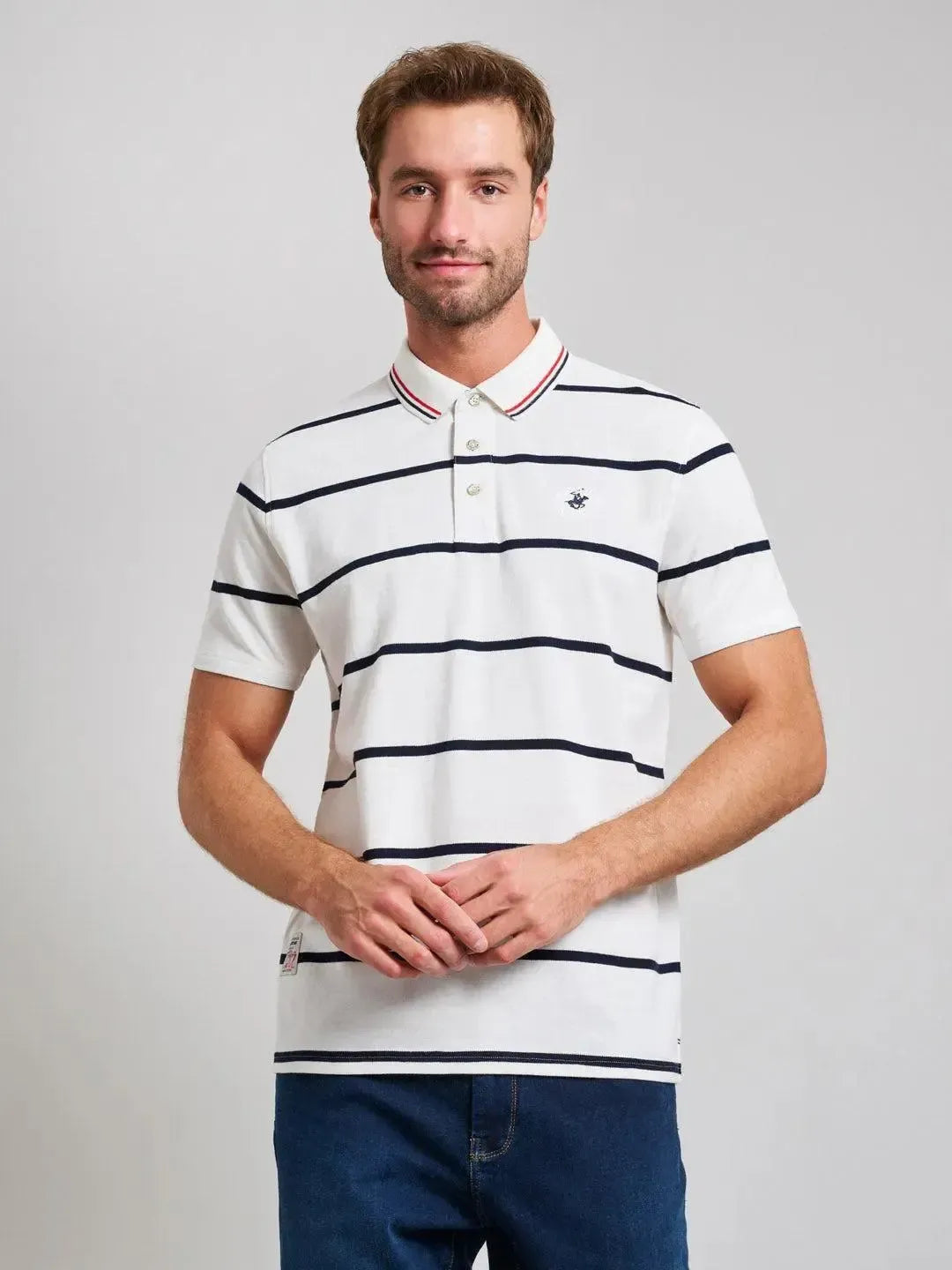 BEVERLY HILLS POLO CLUB-BHPC STRIPED MODERN SLIM FIT POLO SHIRT GHOST WHITE-NORTHERN THREADS DESIGNER MENSWEAR