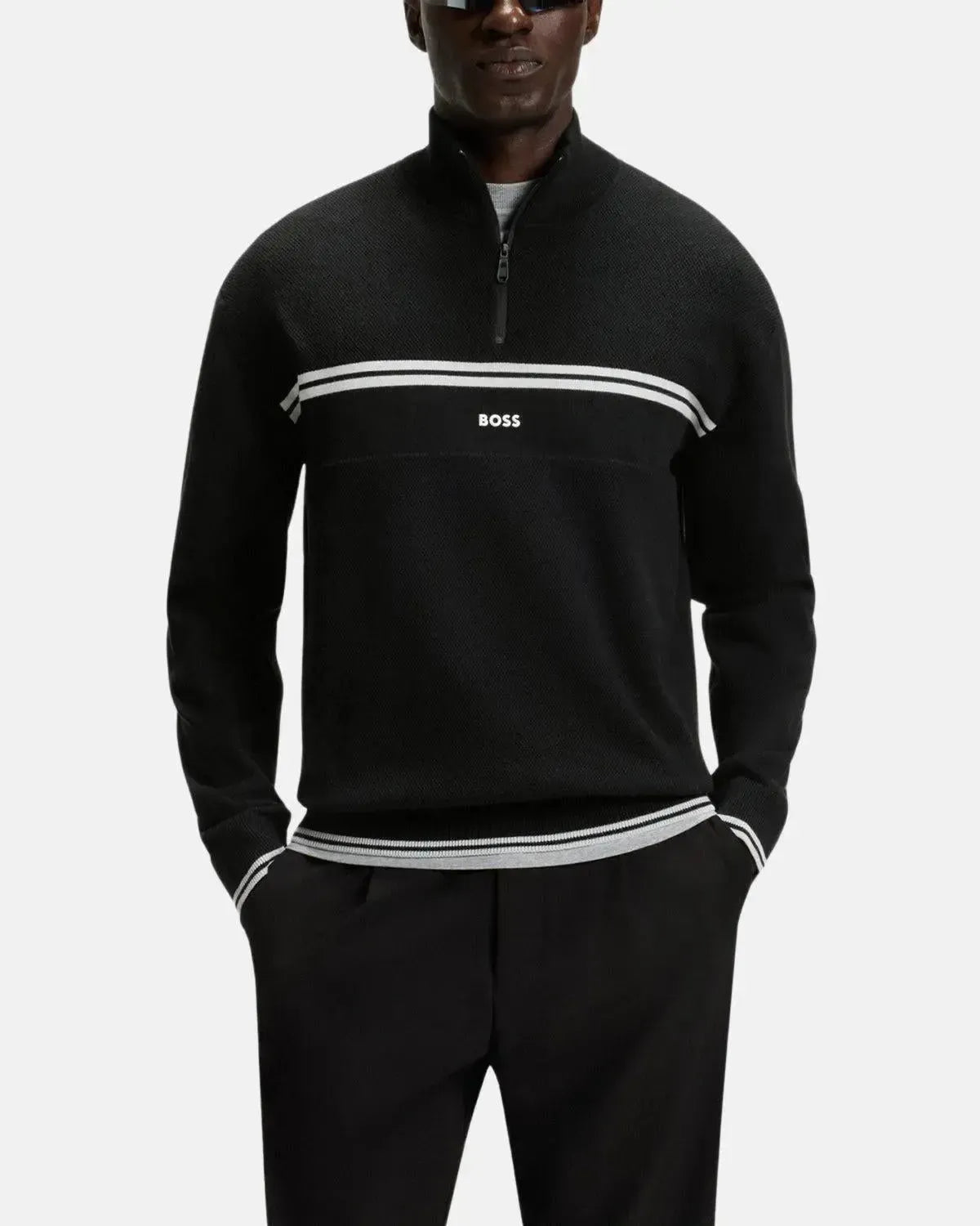 BOSS-BOSS K-ZONE STRIPE DETAIL 1/4 ZIP KNIT BLACK-NORTHERN THREADS DESIGNER MENSWEAR