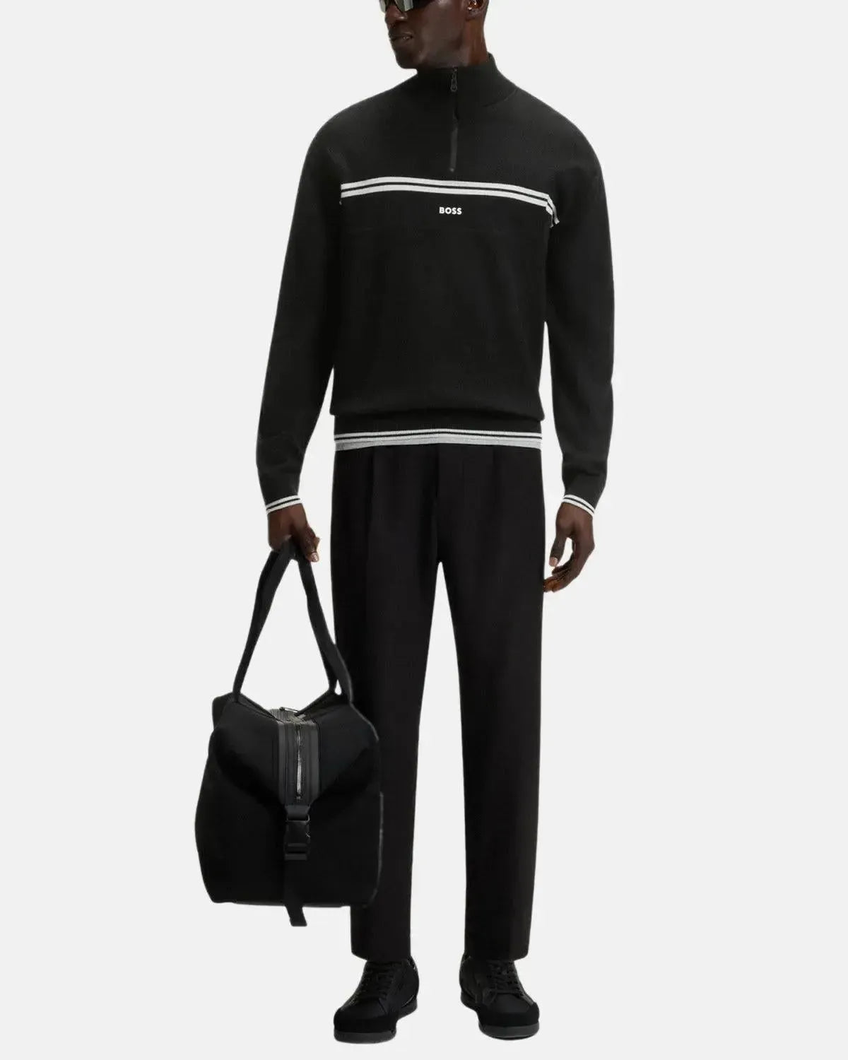 BOSS K-Zone Stripe Detail 1/4 Zip Knit Black | Northern Threads Designer Menswear