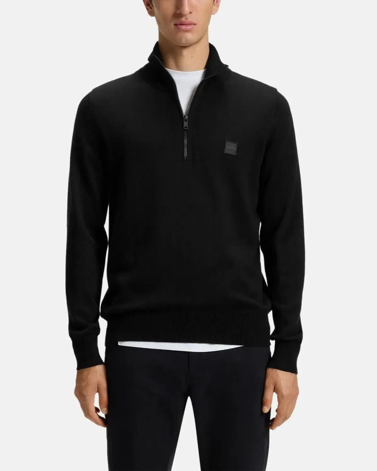 BOSS KANOBIX 1/4 ZIP COTTON CASHMERE KNIT BLACK - northern threads