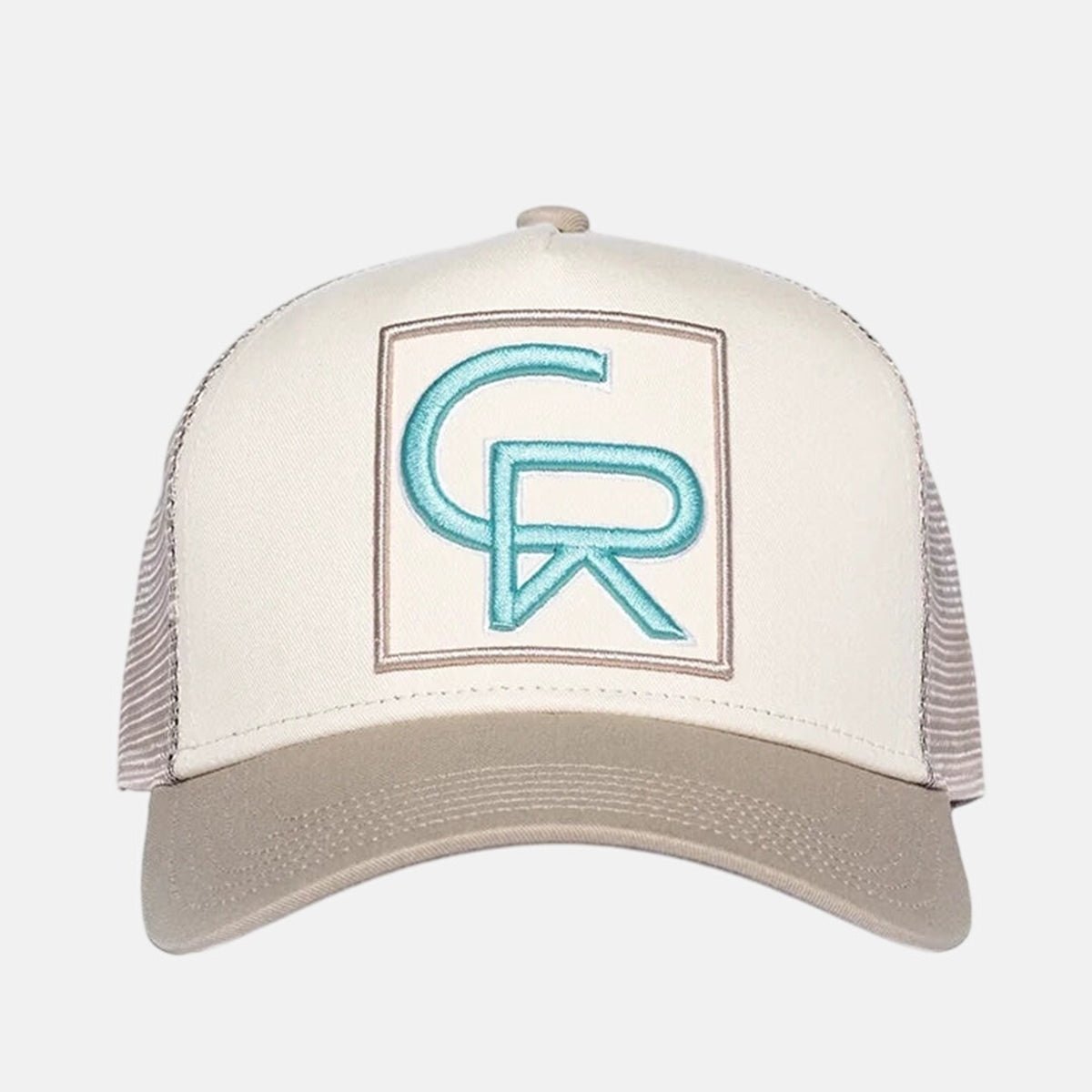Christian Rose CR Box Logo Trucker Cap Taupe Cream Blue - CR025TCB - northern threads uk