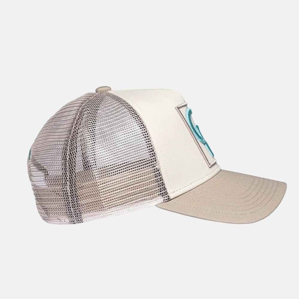 Christian Rose CR Box Logo Trucker Cap Taupe Cream Blue - northern threads