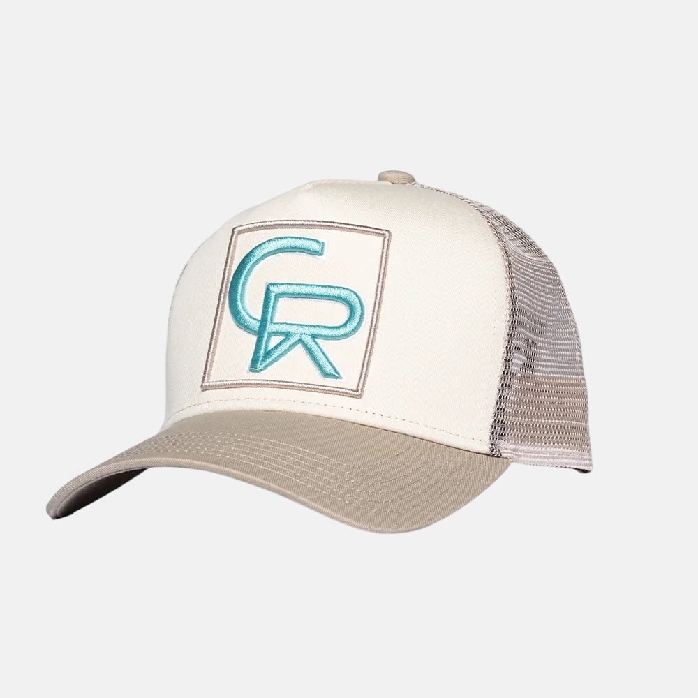 Christian Rose CR Box Logo Trucker Cap Taupe Cream Blue - northern threads