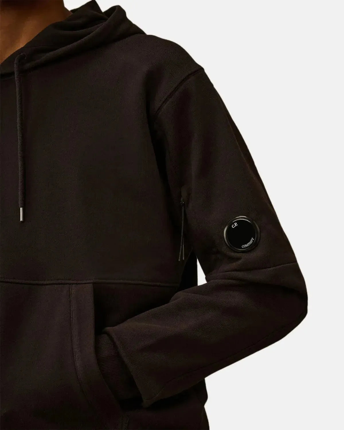 CP COMPANY-CP COMPANY DIAGONAL RAISED FLEECE LENS HOODIE BLACK-NORTHERN THREADS DESIGNER MENSWEAR