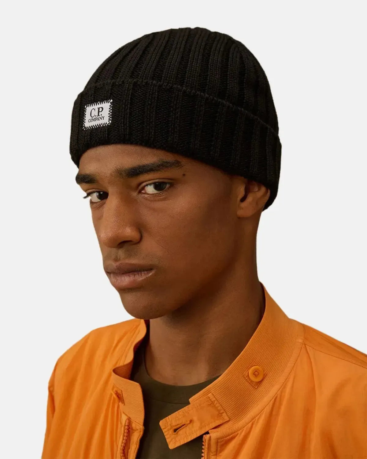 CP COMPANY-CP COMPANY EXTRA FINE MERINO WOOL LOGO BEANIE BLACK-NORTHERN THREADS DESIGNER MENSWEAR