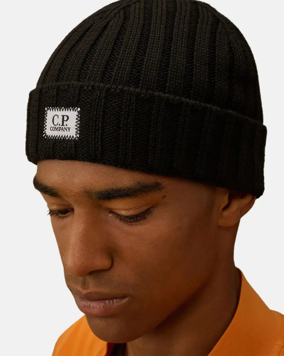 CP COMPANY-CP COMPANY EXTRA FINE MERINO WOOL LOGO BEANIE BLACK-NORTHERN THREADS DESIGNER MENSWEAR