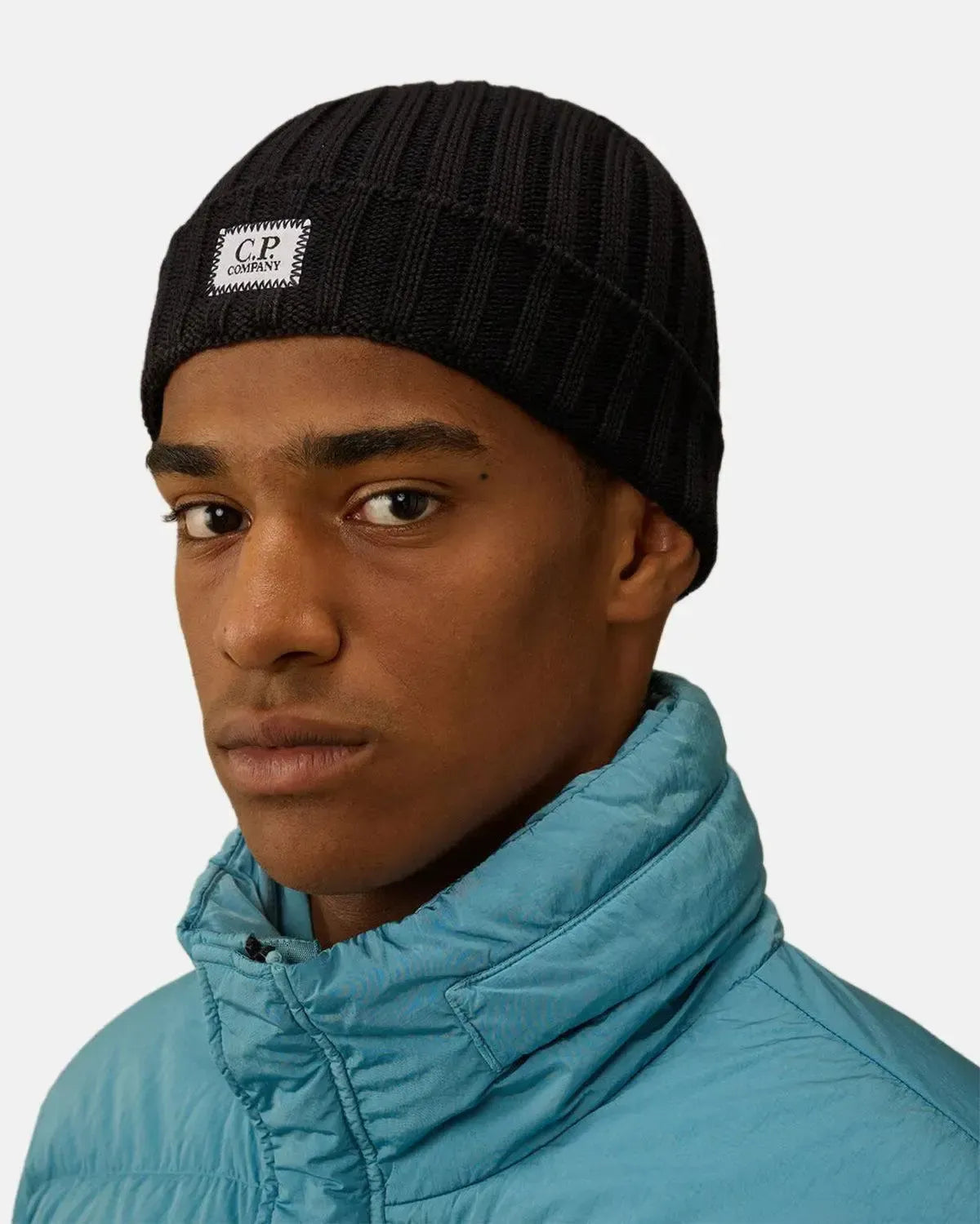 CP COMPANY-CP COMPANY EXTRA FINE MERINO WOOL LOGO BEANIE TOTAL ECLIPSE-NORTHERN THREADS DESIGNER MENSWEAR