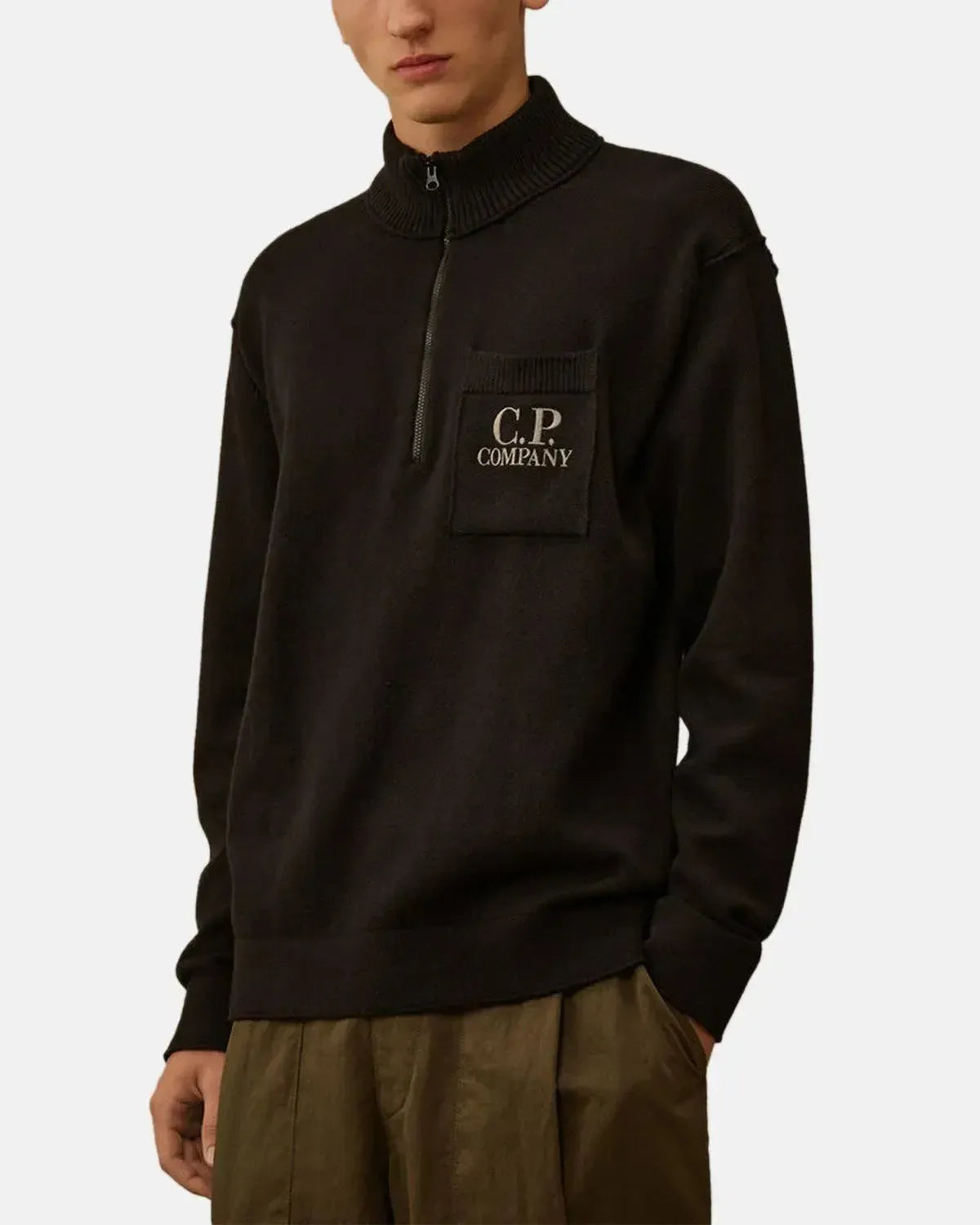 CP COMPANY-CP COMPANY SOFT COTTON STRETCH CHEST POCKET 1/4 ZIP KNIT BLACK-NORTHERN THREADS DESIGNER MENSWEAR