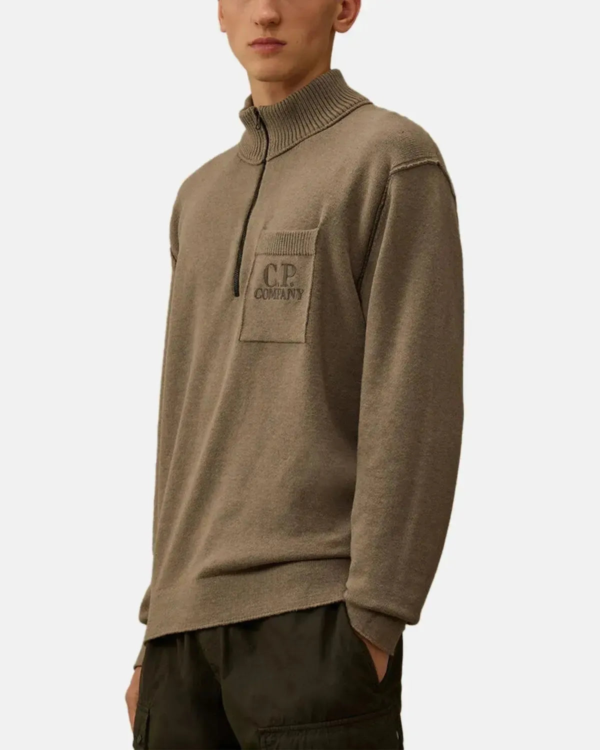 CP COMPANY-CP COMPANY SOFT COTTON STRETCH CHEST POCKET 1/4 ZIP KNIT GUNMETAL GREY-NORTHERN THREADS DESIGNER MENSWEAR