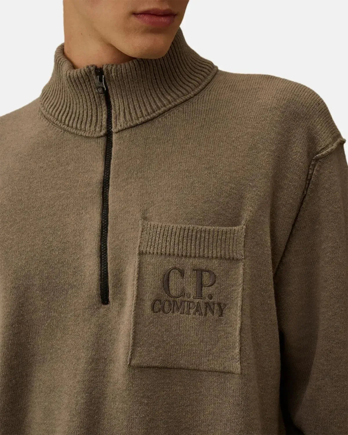CP COMPANY-CP COMPANY SOFT COTTON STRETCH CHEST POCKET 1/4 ZIP KNIT GUNMETAL GREY-NORTHERN THREADS DESIGNER MENSWEAR