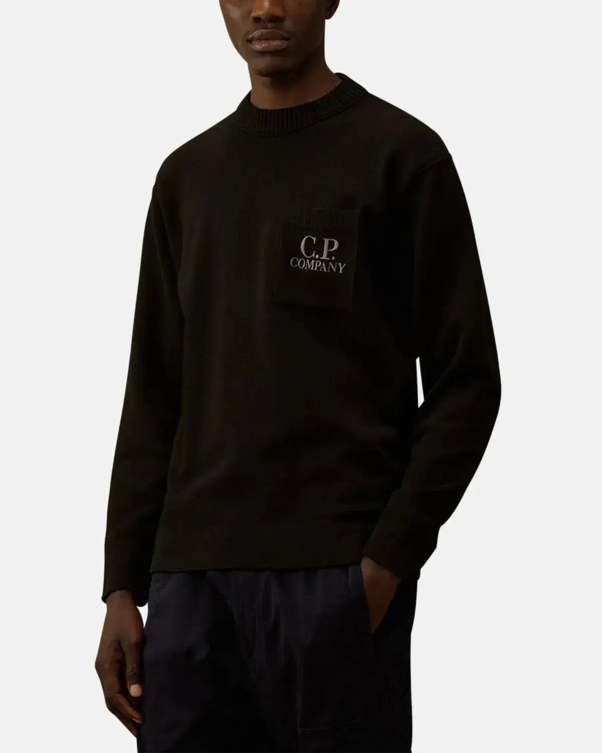 CP COMPANY-CP COMPANY SOFT COTTON STRETCH CHEST POCKET CREWNECK KNIT BLACK-NORTHERN THREADS DESIGNER MENSWEAR