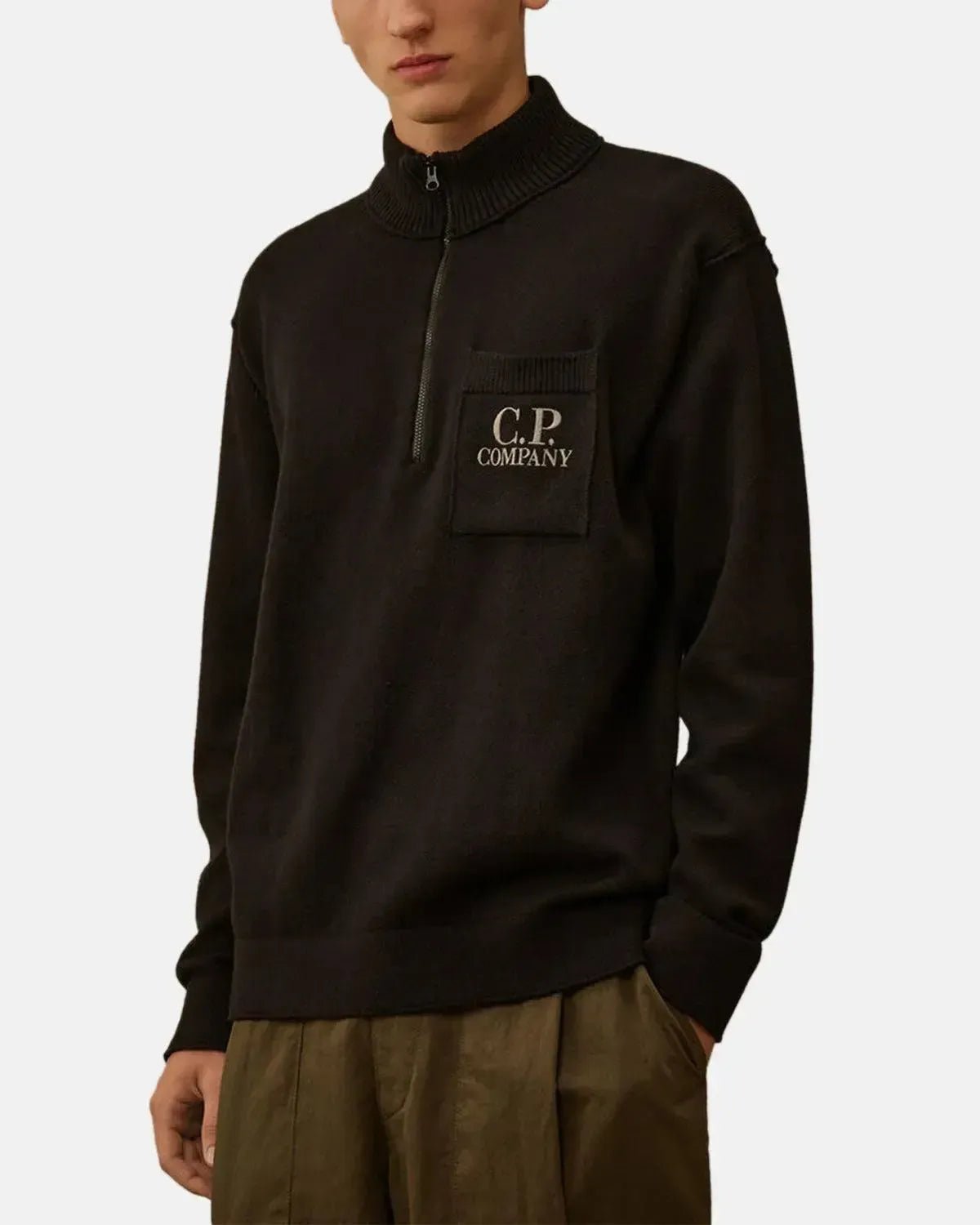 CP COMPANY SOFT COTTON STRETCH CHEST POCKET 1/4 ZIP KNIT BLACK - CP-COMPANY-19CMKN236A-110432A-999-M - northern threads uk
