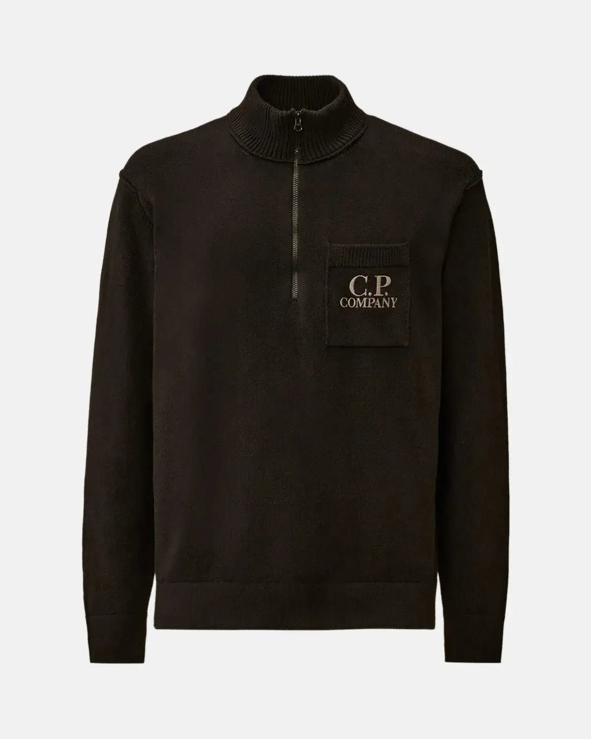 CP COMPANY SOFT COTTON STRETCH CHEST POCKET 1/4 ZIP KNIT BLACK - CP-COMPANY-19CMKN236A-110432A-999-M - northern threads uk