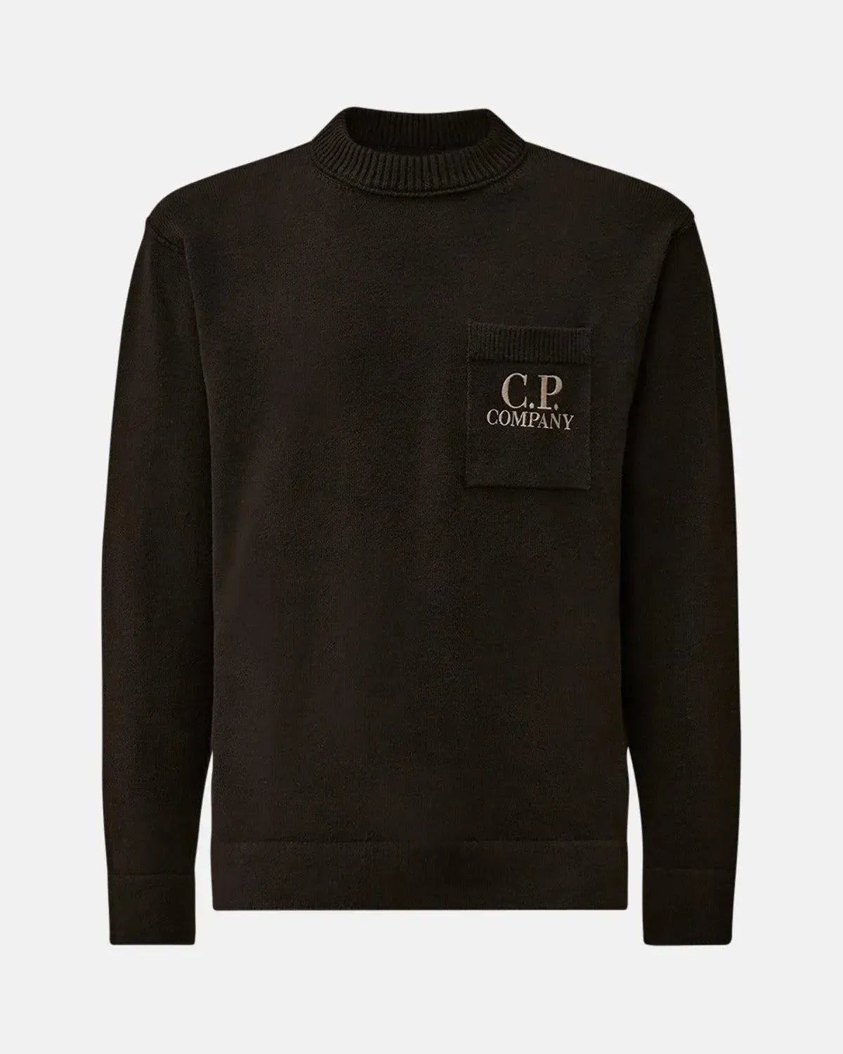 CP COMPANY SOFT COTTON STRETCH CHEST POCKET CREWNECK KNIT BLACK - CP-COMPANY-19CMKN061A-110432A-999-M - northern threads uk