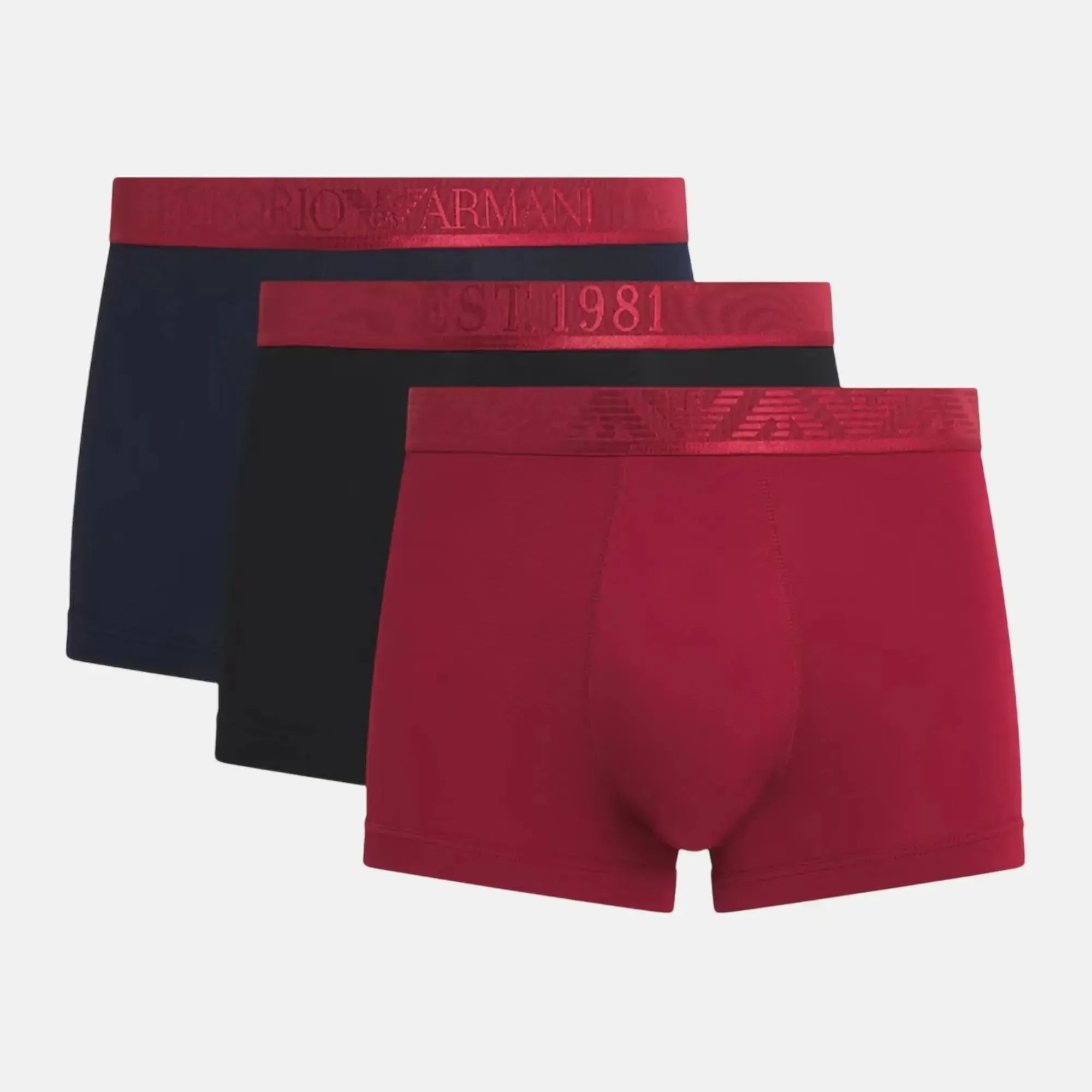 Emporio Armani Stretch Cotton Logo 3 Pack Trunks Black Red - SPR710-S - northern threads uk