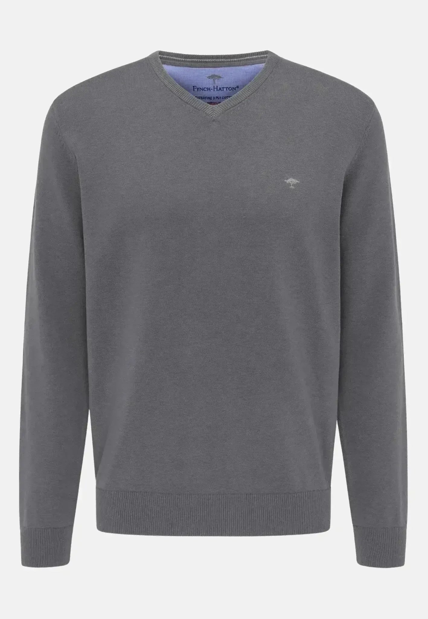 Fynch - Hatton Fine Knit V - Neck Cotton Knit Steel - SFPK211-936-S - northern threads uk