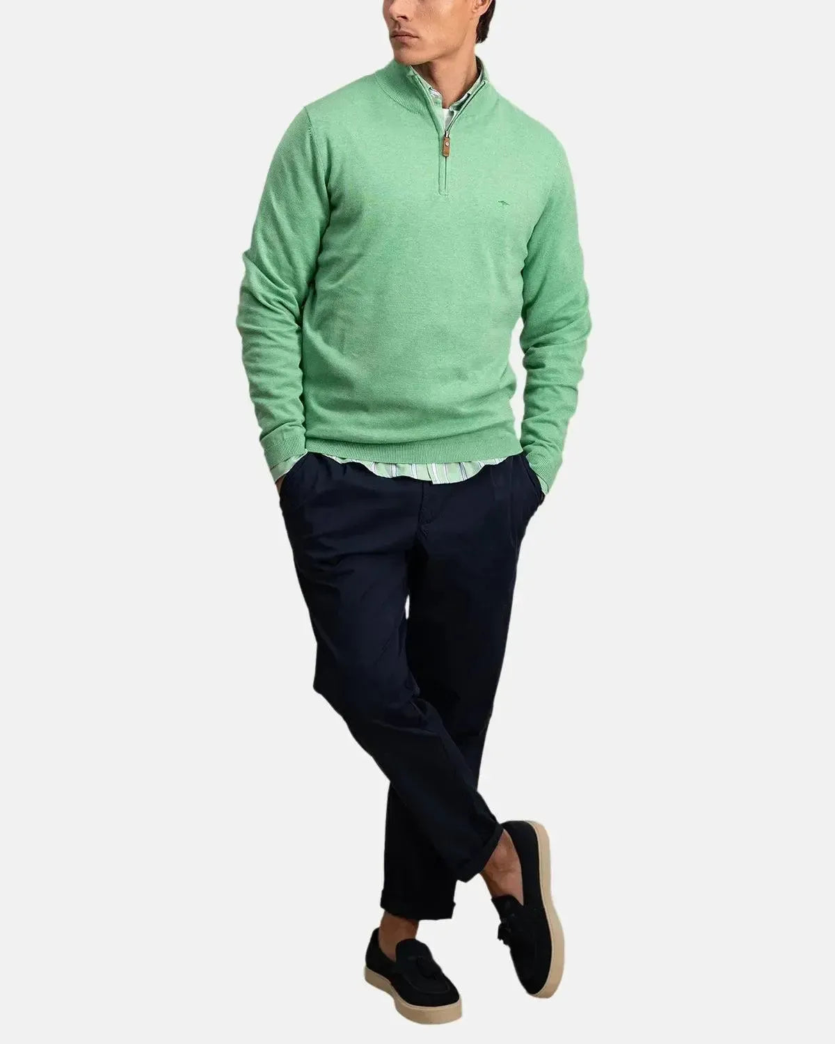 FYNCH-HATTON-FYNCH-HATTON AIR COTTON 1/4 ZIP KNIT TURF GREEN-NORTHERN THREADS DESIGNER MENSWEAR
