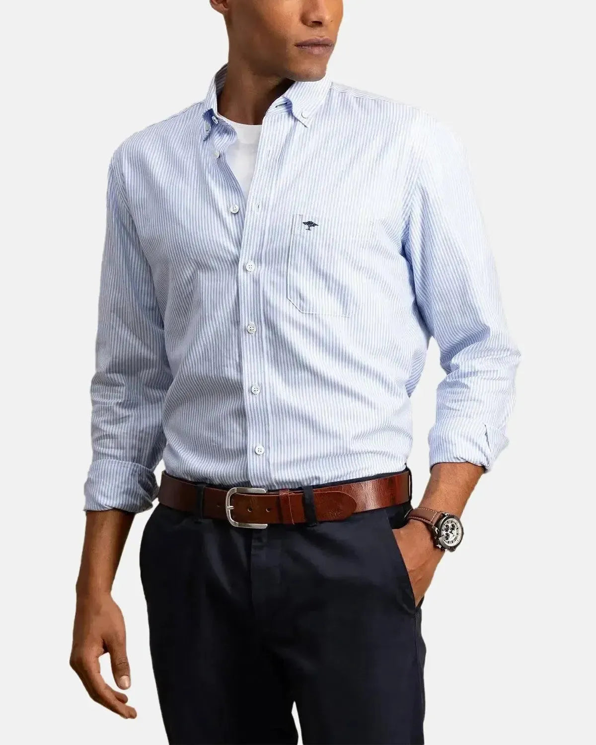 FYNCH-HATTON-FYNCH-HATTON BUTTON DOWN OXFORD SHIRT LIGHT BLUE STRIPE-NORTHERN THREADS DESIGNER MENSWEAR