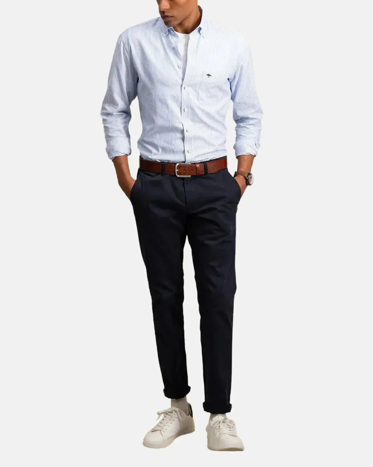 FYNCH-HATTON-FYNCH-HATTON BUTTON DOWN OXFORD SHIRT LIGHT BLUE STRIPE-NORTHERN THREADS DESIGNER MENSWEAR