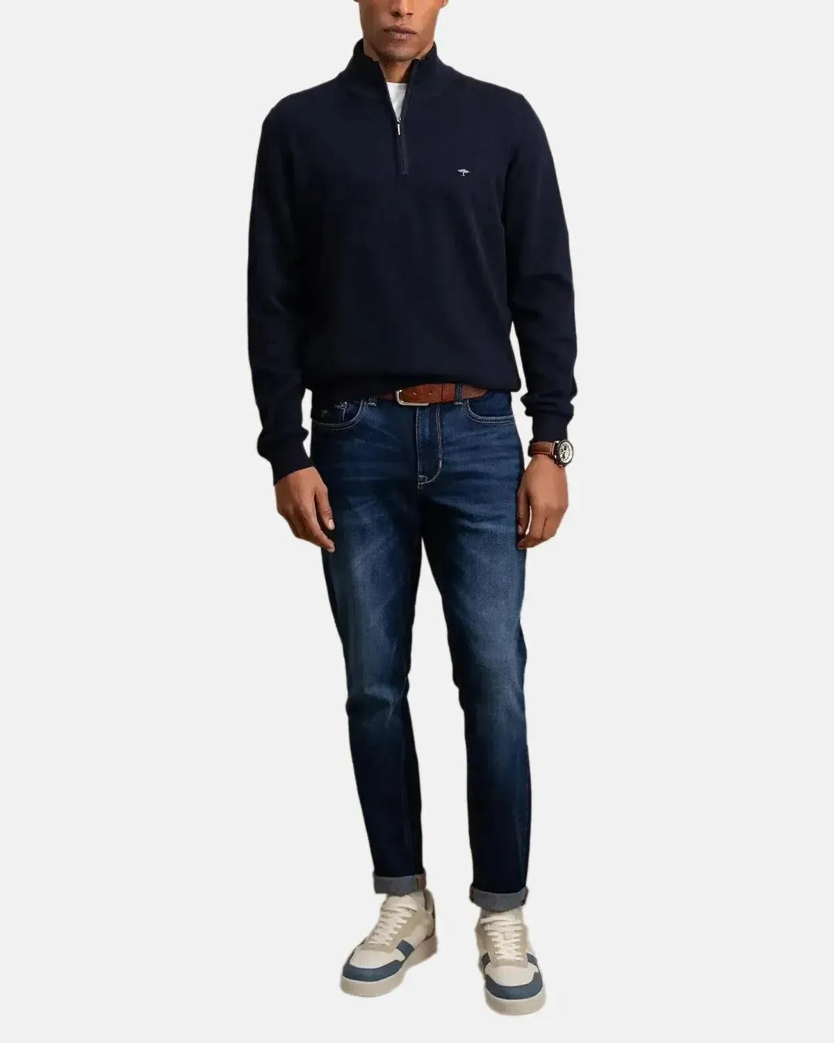 FYNCH-HATTON-FYNCH-HATTON FINE KNIT 1/4 ZIP COTTON KNIT NAVY-NORTHERN THREADS DESIGNER MENSWEAR