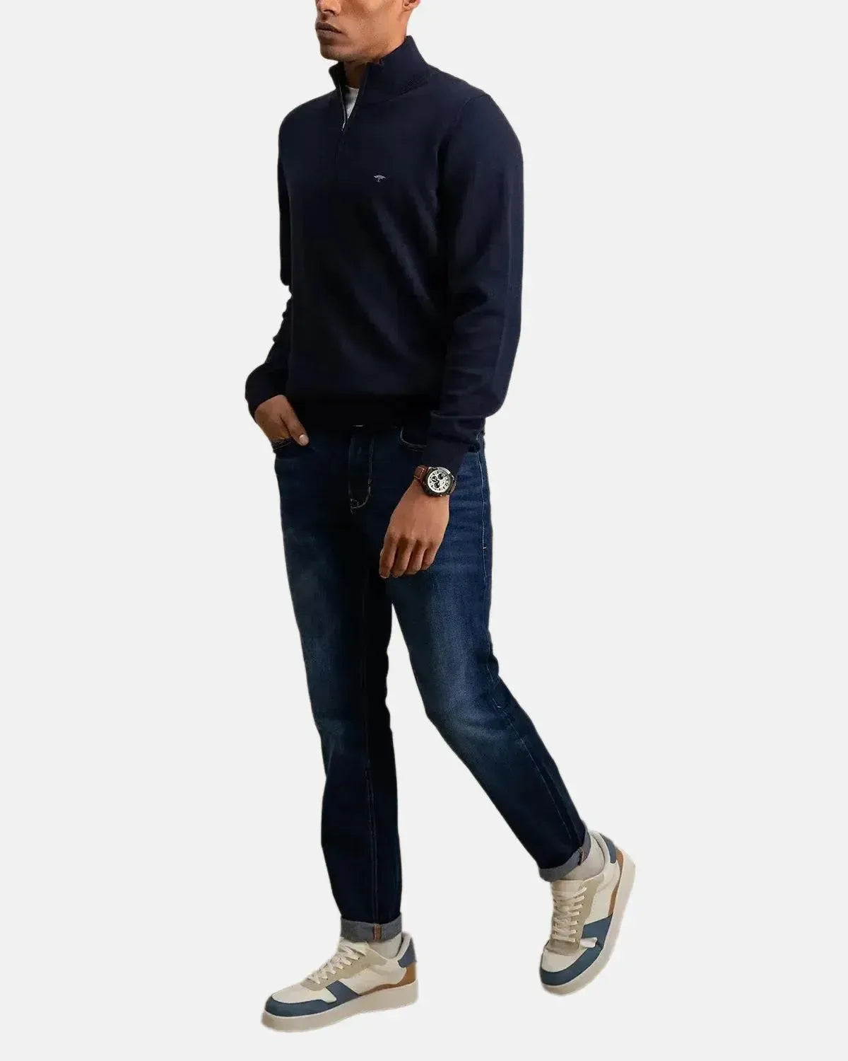 FYNCH-HATTON-FYNCH-HATTON FINE KNIT 1/4 ZIP COTTON KNIT NAVY-NORTHERN THREADS DESIGNER MENSWEAR