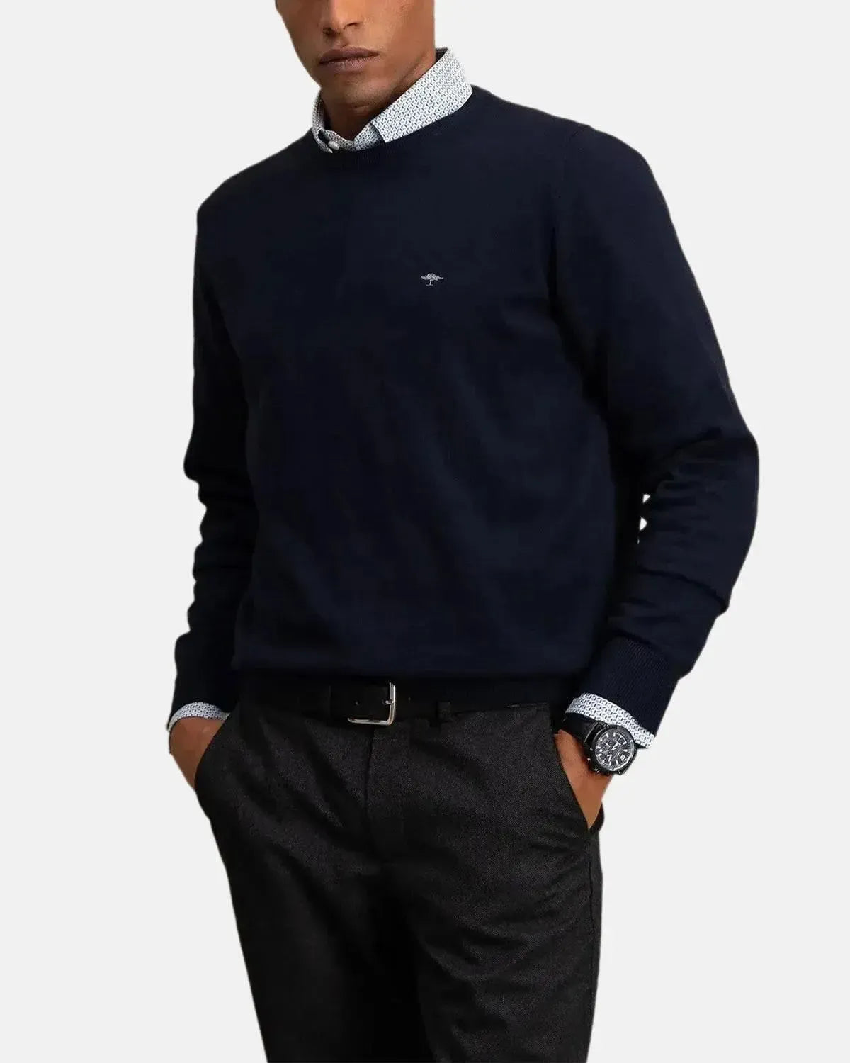 FYNCH-HATTON-FYNCH-HATTON FINE KNIT CREWNECK COTTON KNIT NAVY-NORTHERN THREADS DESIGNER MENSWEAR