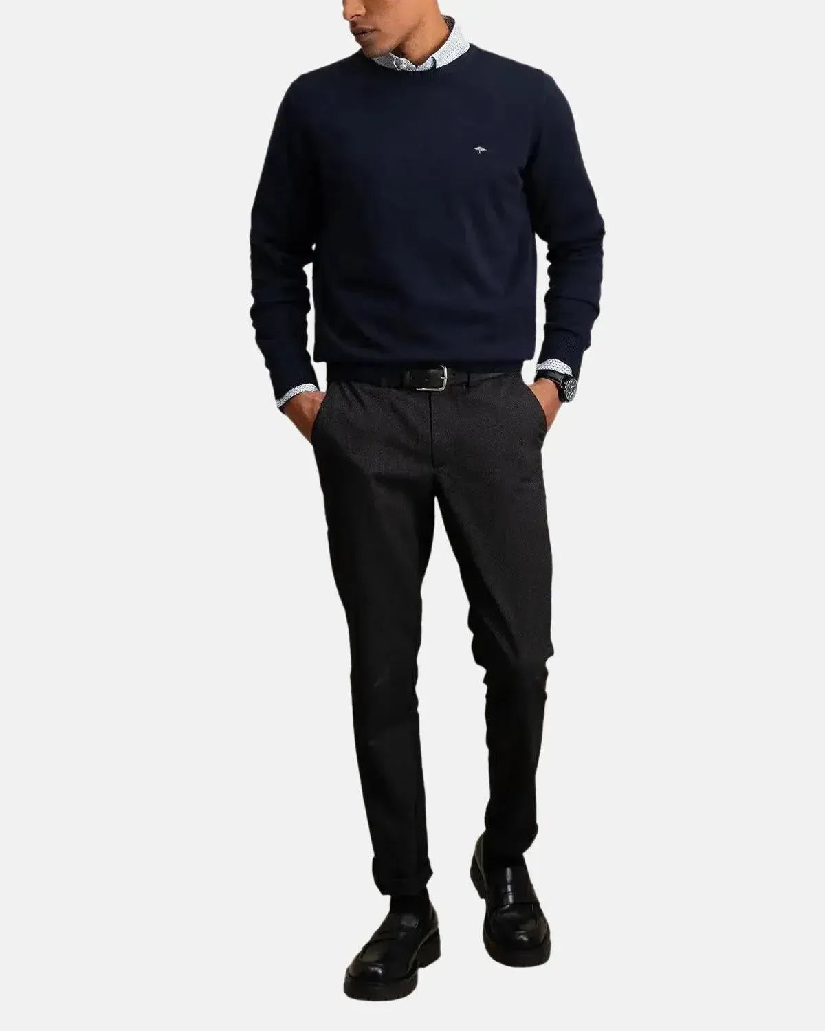 FYNCH-HATTON-FYNCH-HATTON FINE KNIT CREWNECK COTTON KNIT NAVY-NORTHERN THREADS DESIGNER MENSWEAR