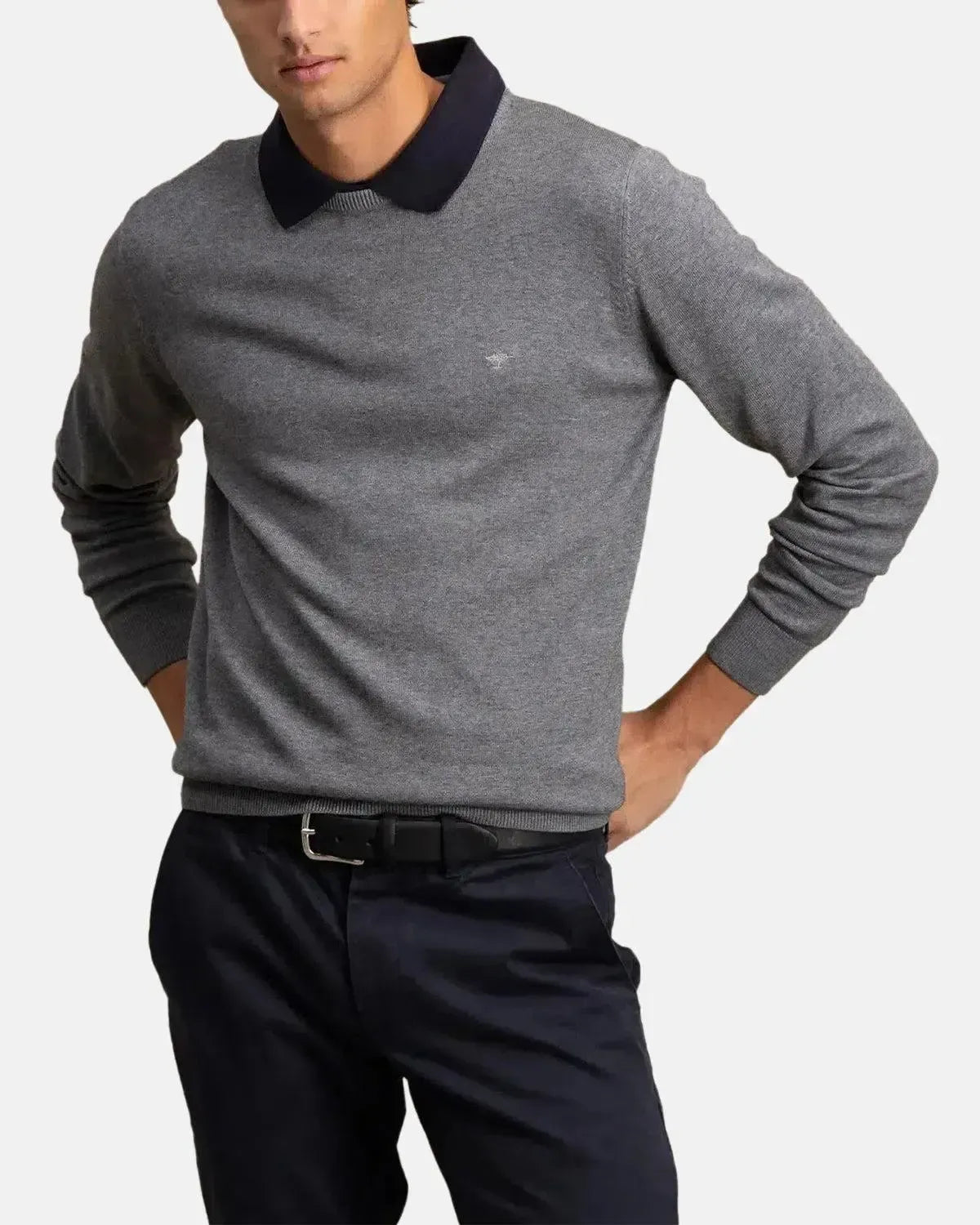 FYNCH-HATTON-FYNCH-HATTON FINE KNIT CREWNECK COTTON KNIT STEEL-NORTHERN THREADS DESIGNER MENSWEAR