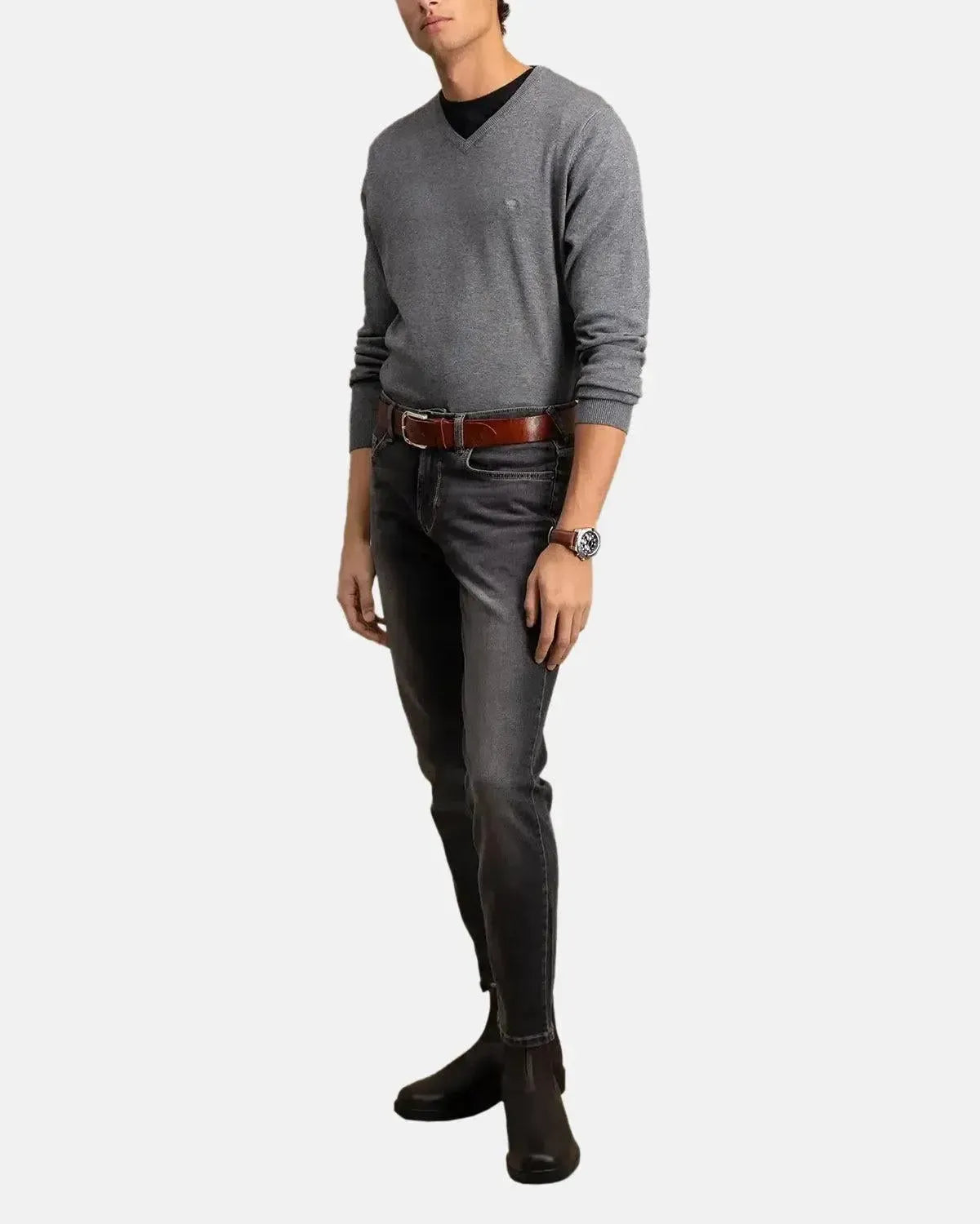 FYNCH-HATTON-FYNCH-HATTON FINE KNIT V-NECK COTTON KNIT STEEL-NORTHERN THREADS DESIGNER MENSWEAR