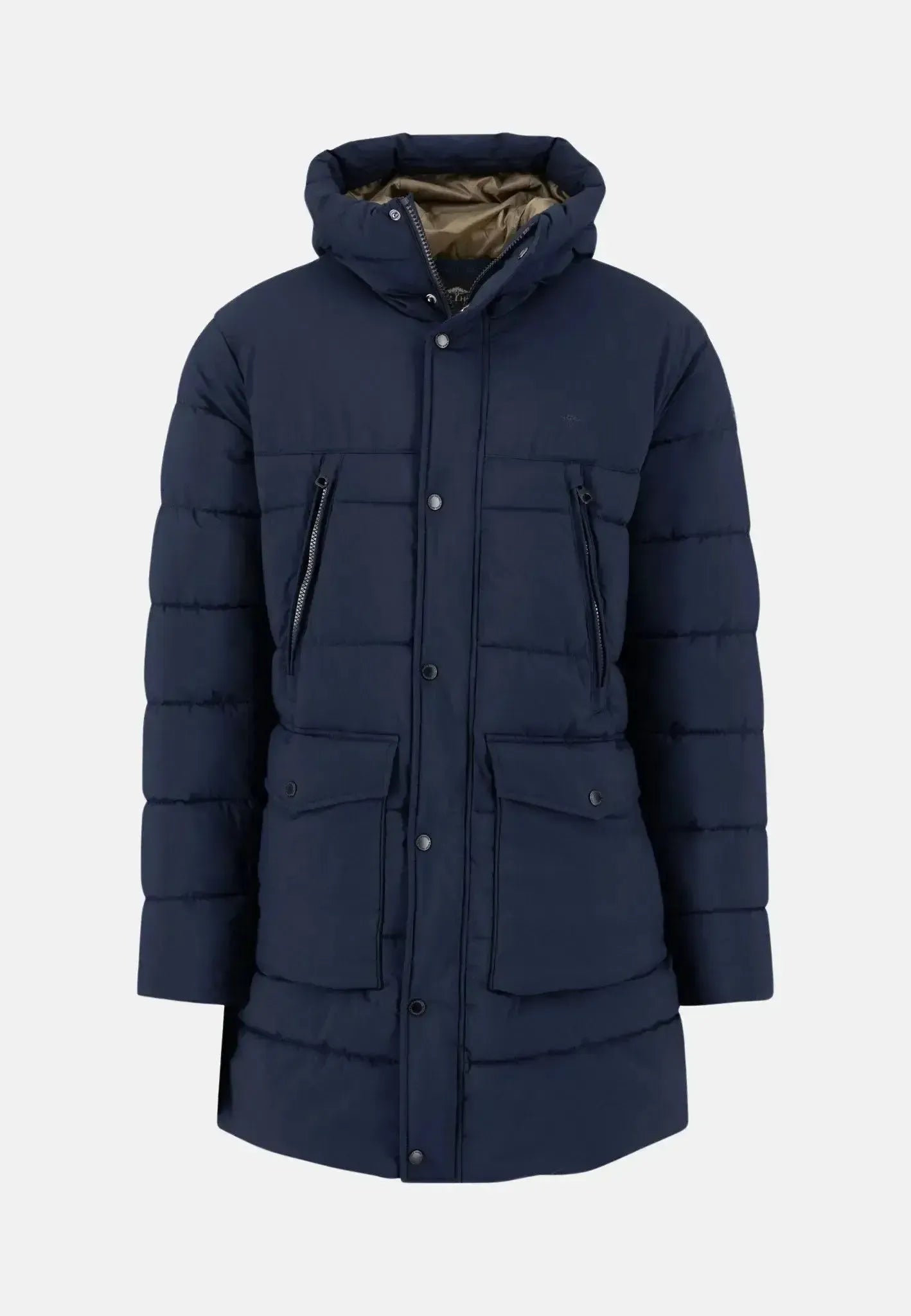 FYNCH-HATTON-Fynch-Hatton Hooded Full Length Puffer Coat Navy-NORTHERN THREADS DESIGNER MENSWEAR