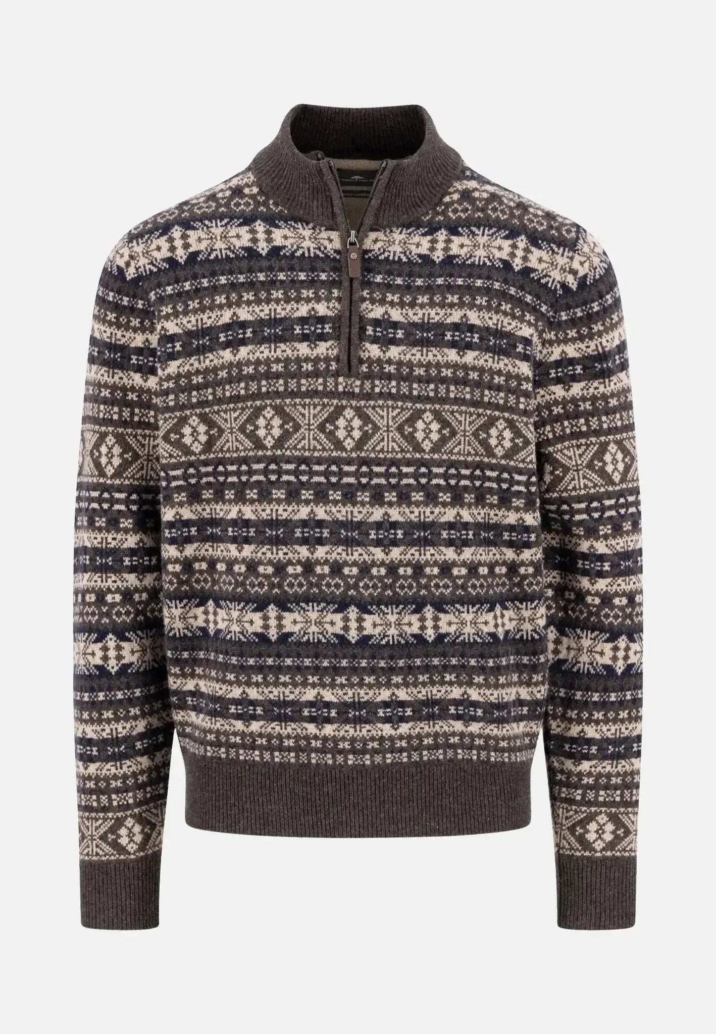 FYNCH-HATTON-Fynch-Hatton Lambswool Jacquard 1/4 Zip Knit Dark Chocolate-NORTHERN THREADS DESIGNER MENSWEAR