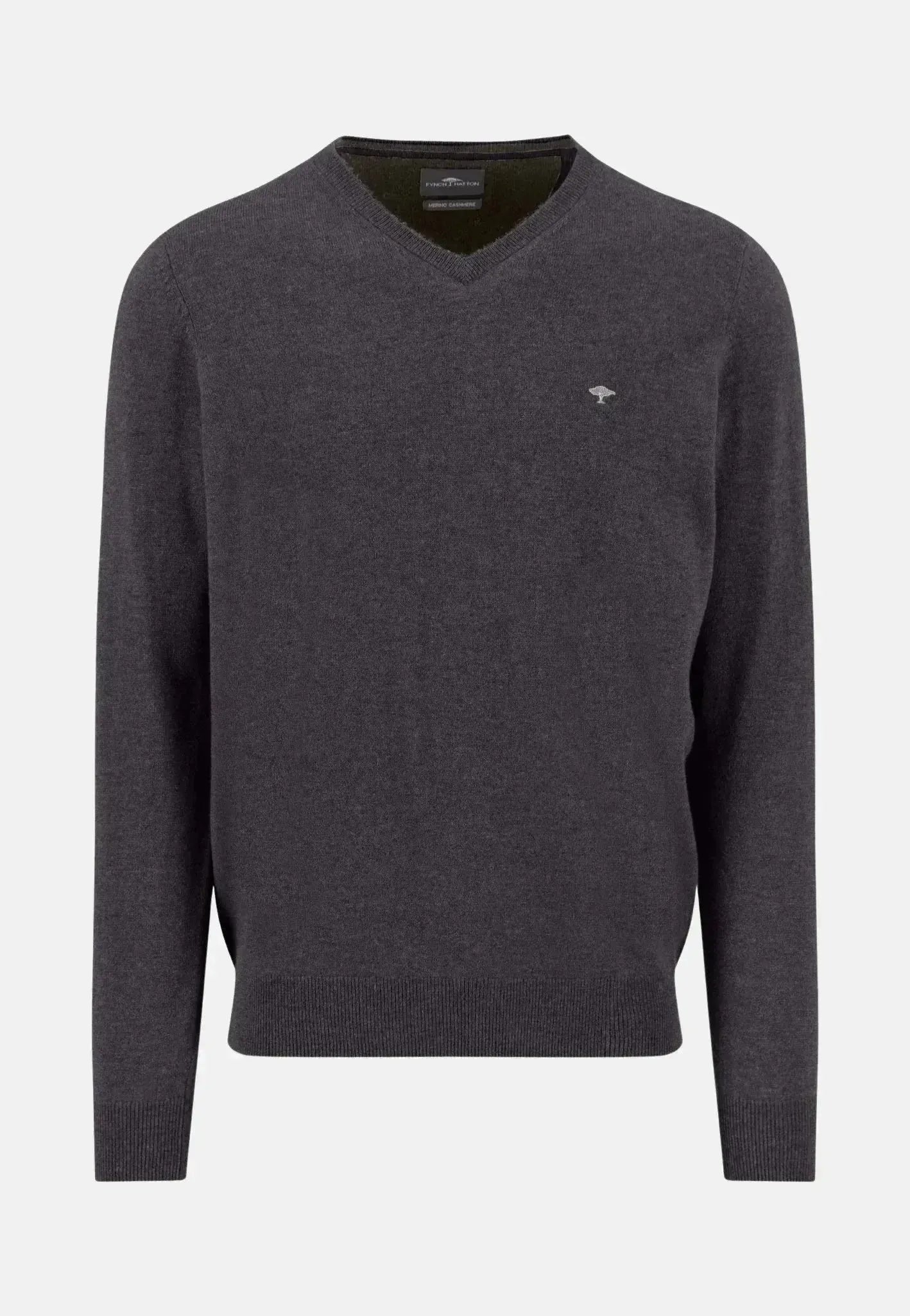 FYNCH-HATTON-Fynch-Hatton Merino Wool Cashmere V-Neck Knit Charcoal-NORTHERN THREADS DESIGNER MENSWEAR