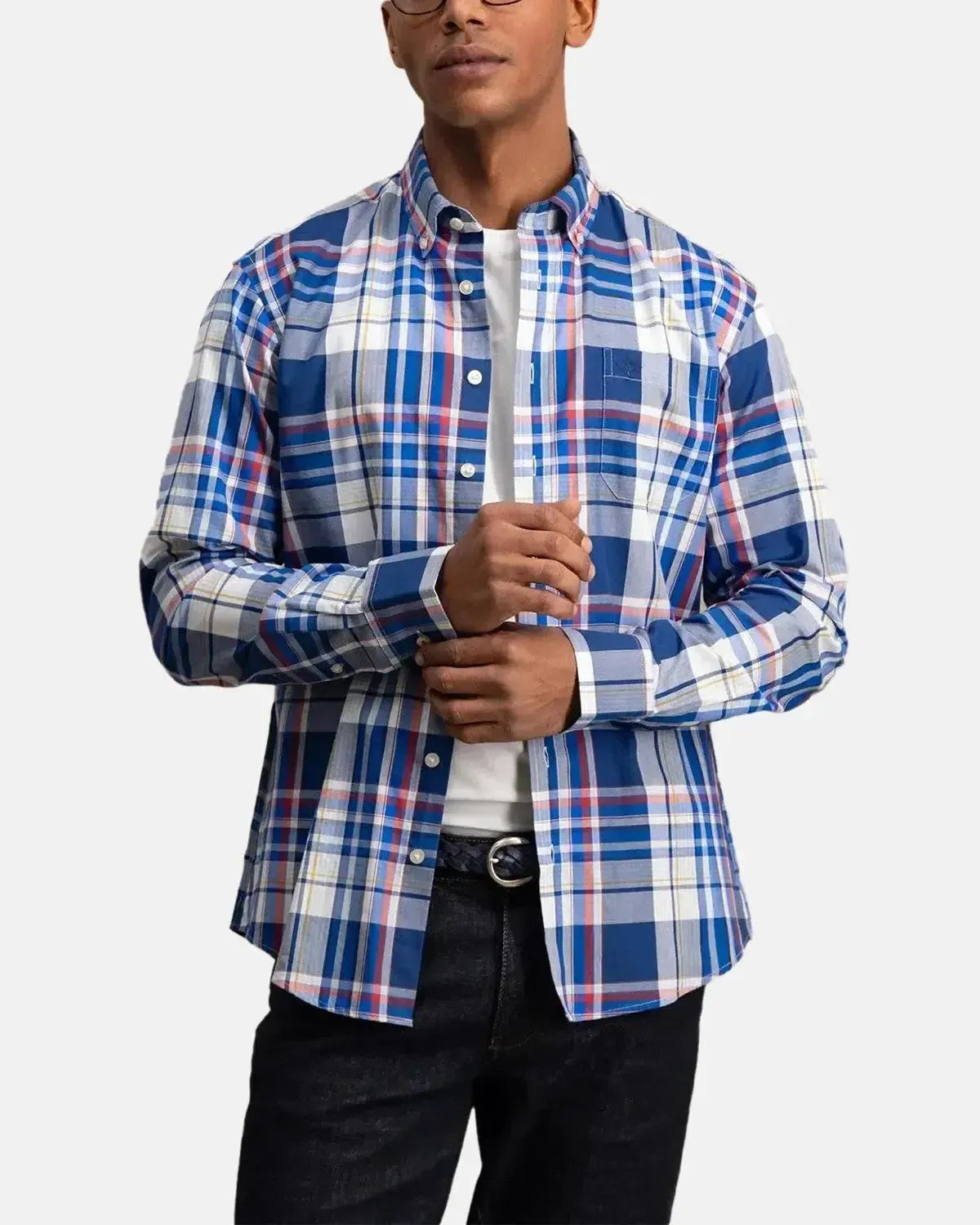 FYNCH-HATTON-FYNCH-HATTON OXFORD CHECK MIX SHIRT STRONG BLUE-NORTHERN THREADS DESIGNER MENSWEAR