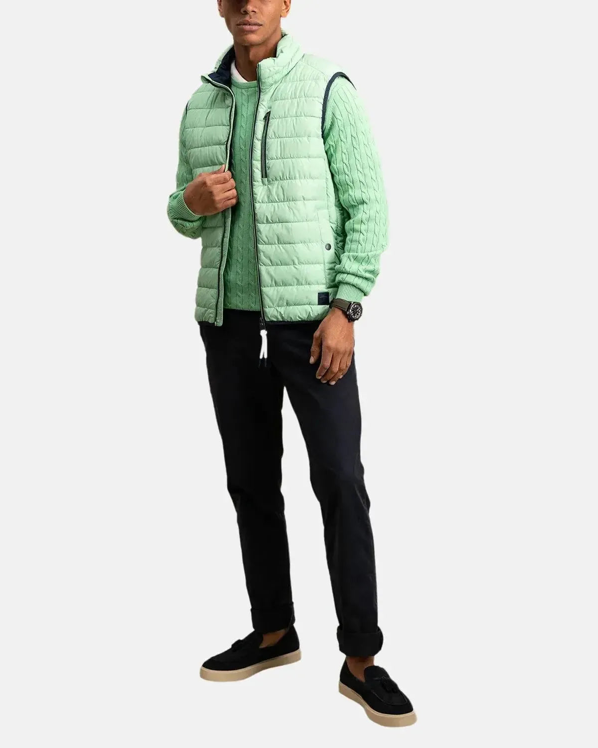 FYNCH-HATTON-FYNCH-HATTON STAND COLLAR LIGHT WEIGHT GILET TURF GREEN-NORTHERN THREADS DESIGNER MENSWEAR