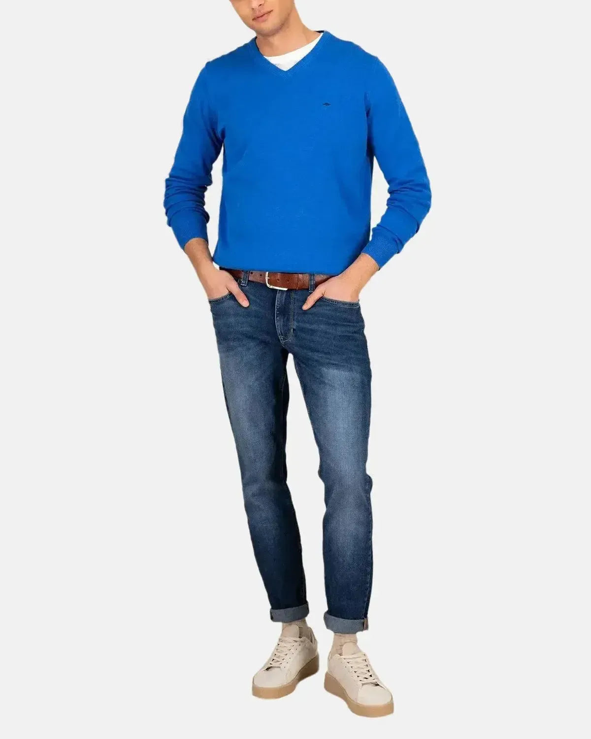 FYNCH-HATTON-FYNCH-HATTON SUPERFINE V-NECK COTTON KNIT STRONG BLUE-NORTHERN THREADS DESIGNER MENSWEAR