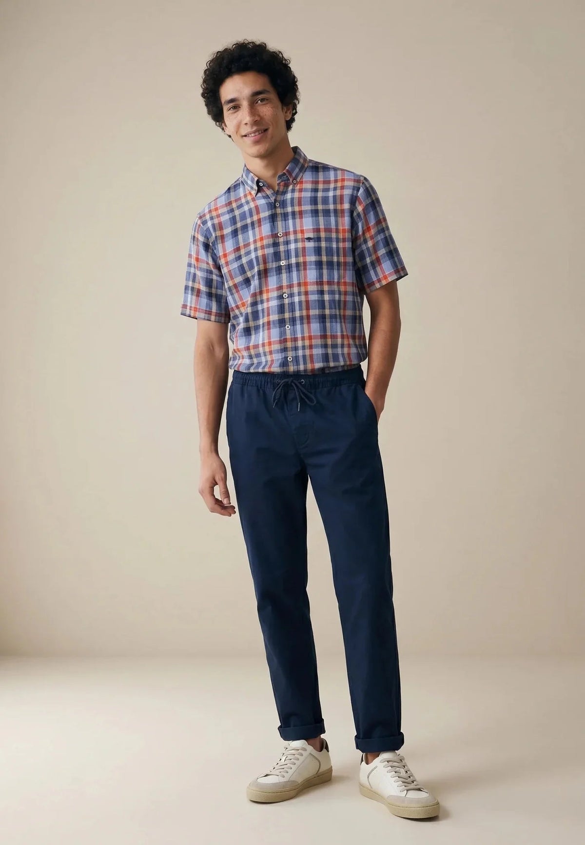 Fynch-Hatton Linen Check Button Down Short Sleeved Shirt Spicy Red | Northern Threads Designer Menswear
