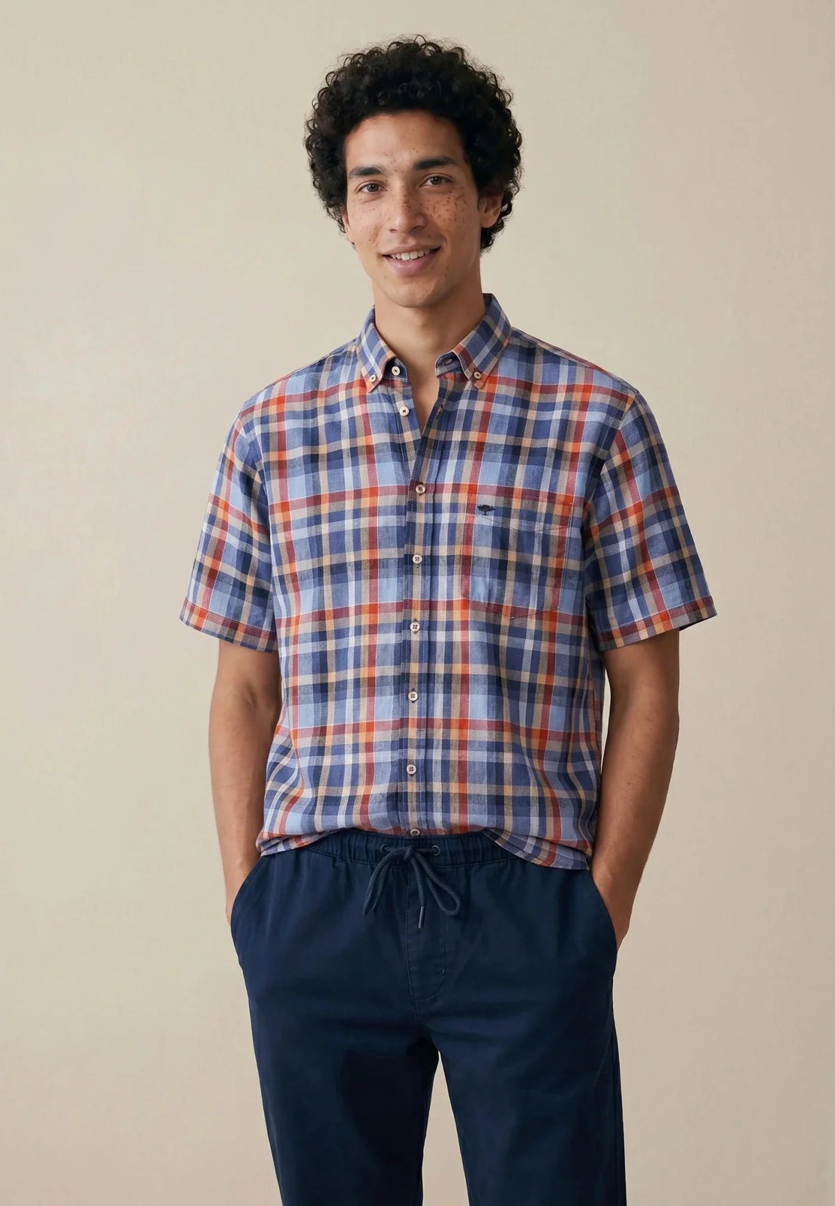 Fynch-Hatton Linen Check Button Down Short Sleeved Shirt Spicy Red | Northern Threads Designer Menswear