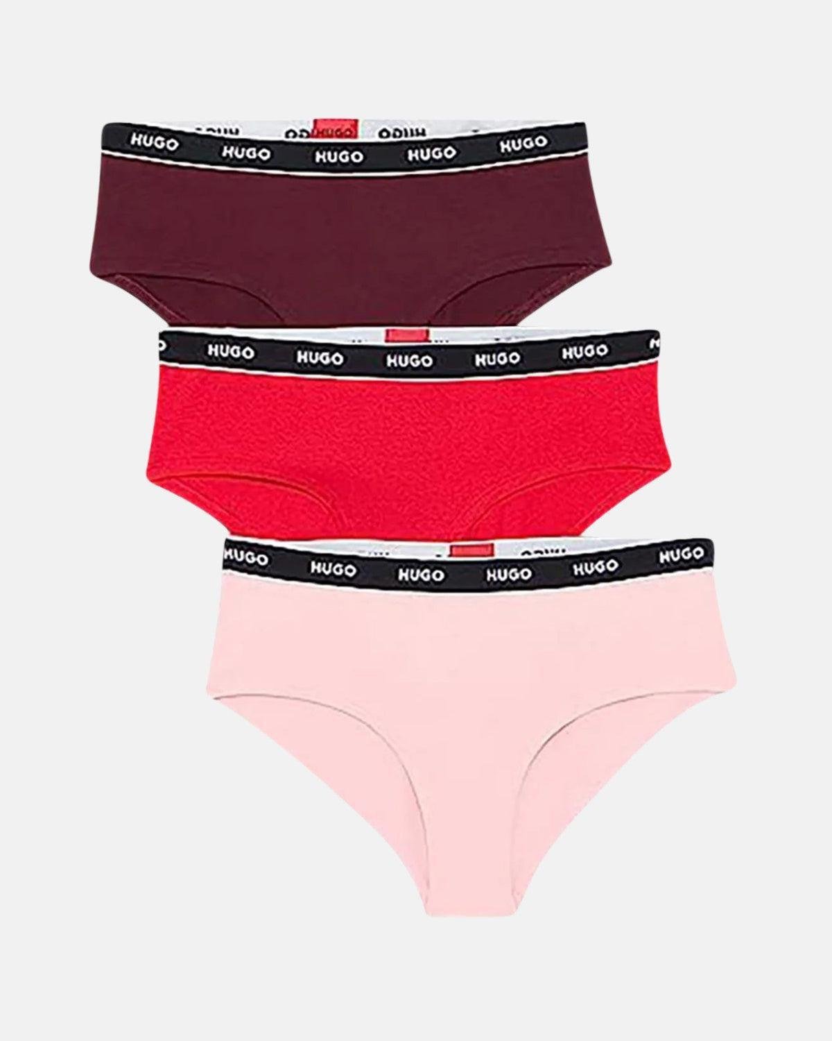 HUGO WOMENS 3 PACK HIPSTER BRIEFS BURGUNDY RED PINK - HUGO-50469658-972-XS - northern threads uk