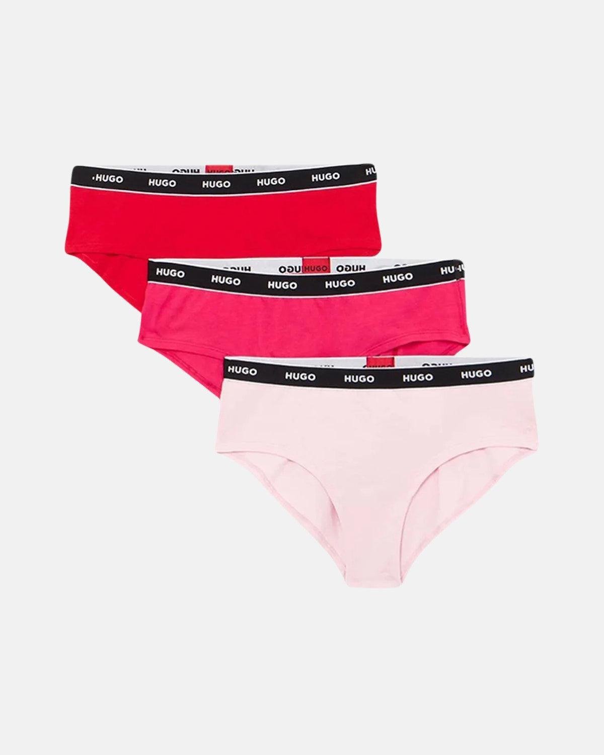 HUGO WOMENS 3 PACK HIPSTER BRIEFS RED PINK ROSE - HUGO-50480156-969-XS - northern threads uk