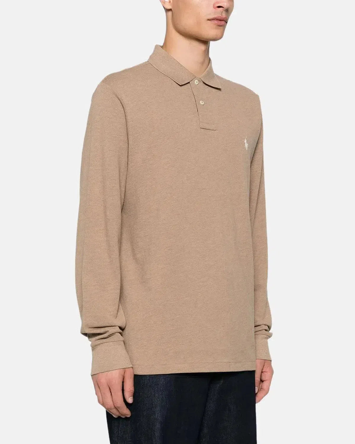 RALPH LAUREN-RALPH LAUREN CUSTOM SLIM FIT MESH LONG SLEEVED POLO SHIRT GREY CLOUD HEATHER-NORTHERN THREADS DESIGNER MENSWEAR