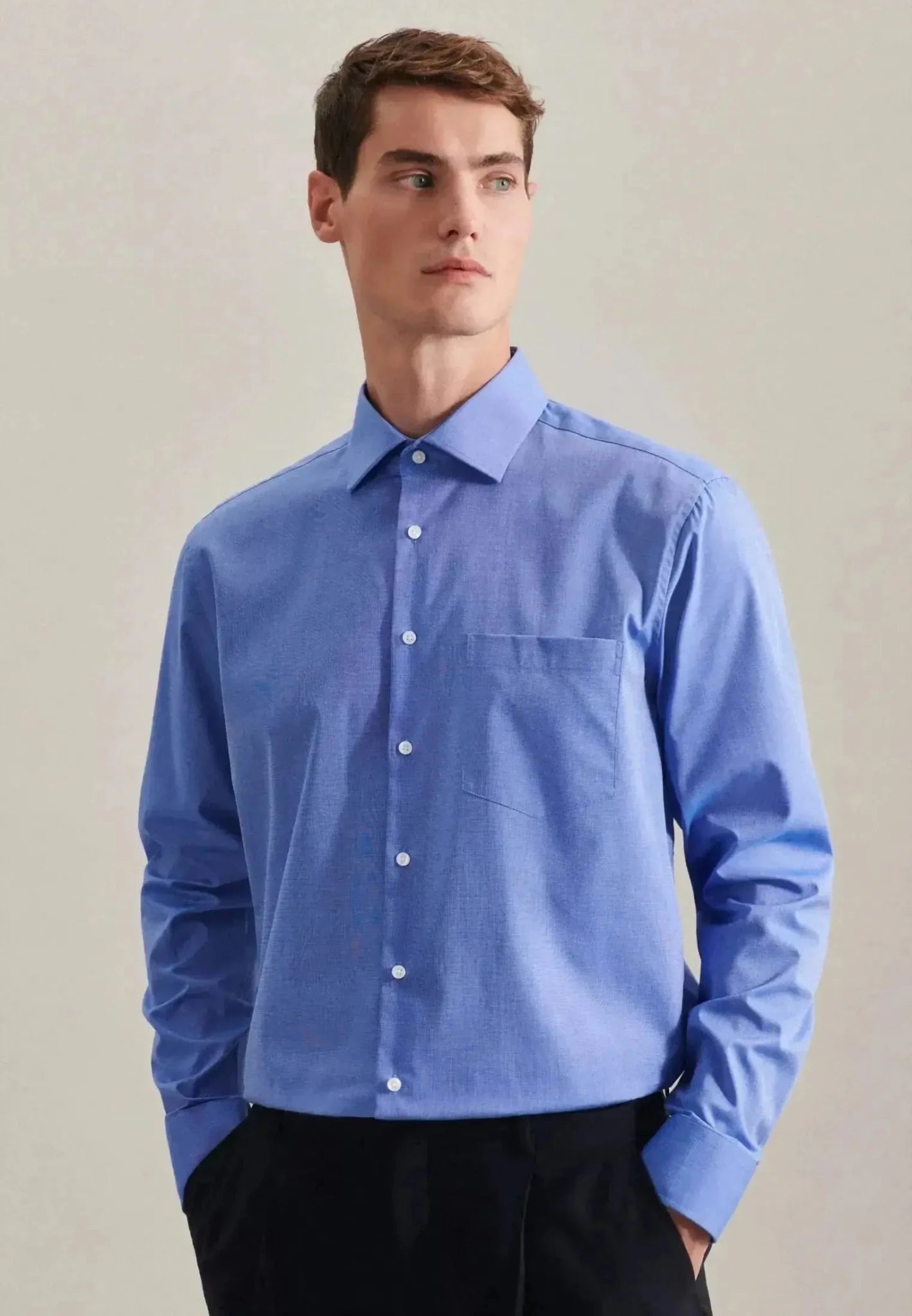 Seidensticker Regular Fit Easy Iron Kent Collar Business Shirt Mid Blue - northern threads
