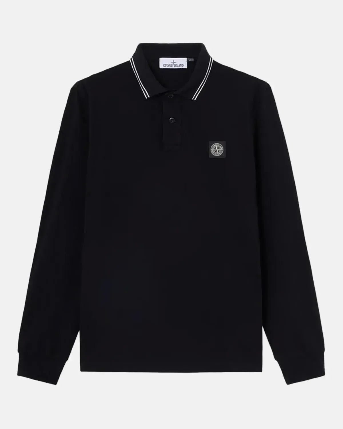 STONE ISLAND 2200006 ORGANIC STRETCH COTTON TIPPED SLIM FIT LONG SLEEVE POLO SHIRT BLACK - STONE-ISLAND-K2S152200006-S0018-V0029-S - northern threads uk