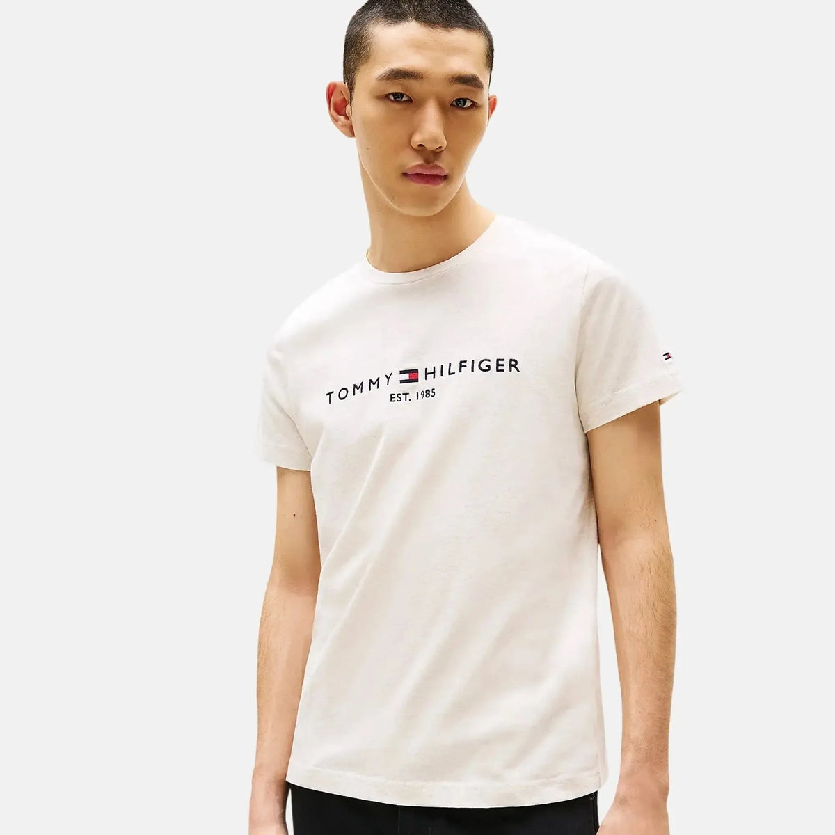 Tommy Hilfiger Slim Logo Embroidery T-Shirt Heathered Oatmilk | Northern Threads Designer Menswear