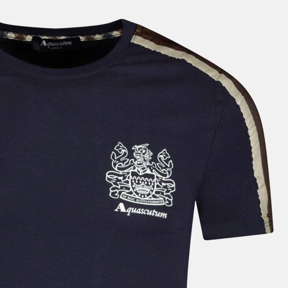 Aquascutum Check Stripe T-Shirt Navy - C52 - northern threads uk