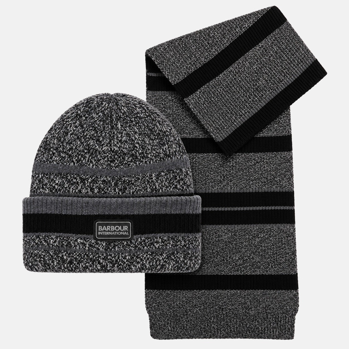 Barbour International Boston Beanie Hat & Scarf Gift Box Set Black/Grey | Northern Threads Designer Menswear