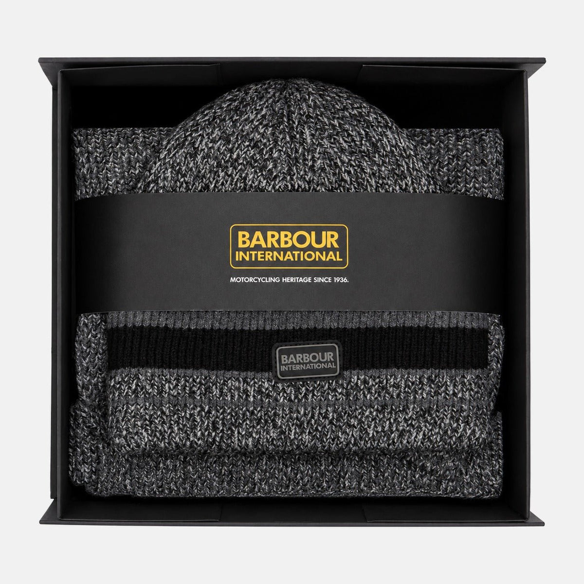 Barbour International Boston Beanie Hat & Scarf Gift Box Set Black/Grey | Northern Threads Designer Menswear